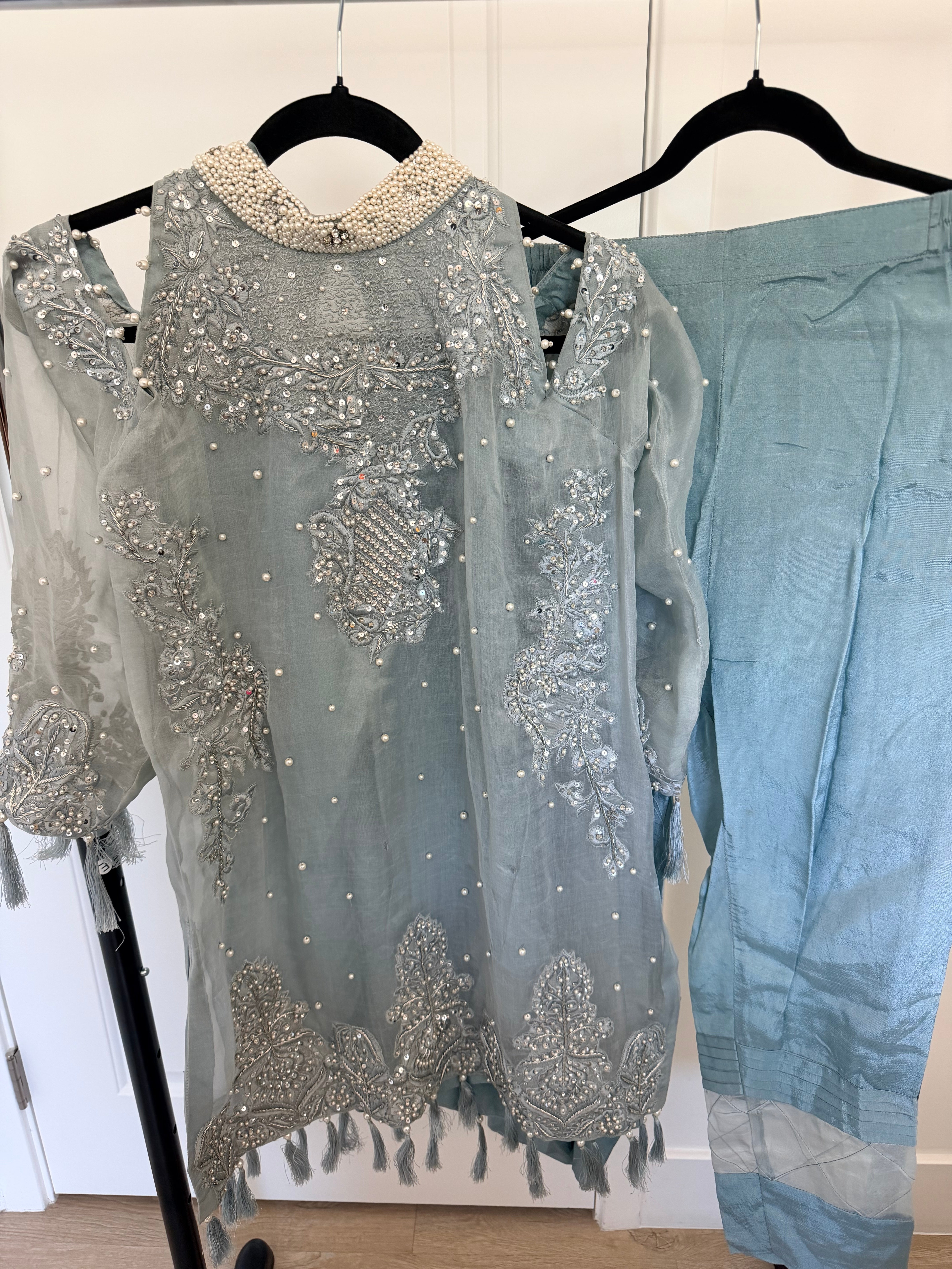 Dusty Blue Pearl-Embellished Organza Cold-Shoulder Kurta & Trouser Set