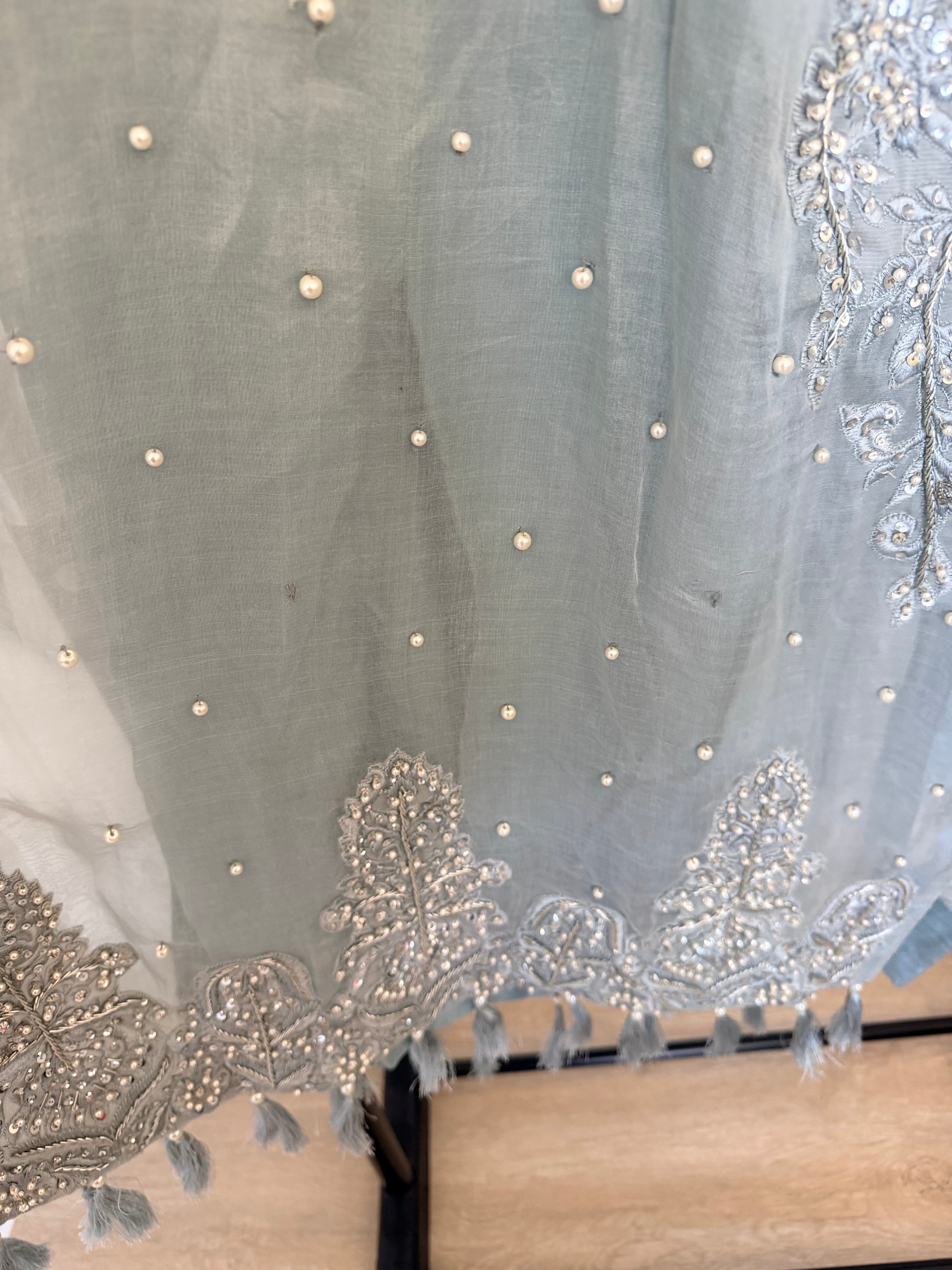 Dusty Blue Pearl-Embellished Organza Cold-Shoulder Kurta & Trouser Set
