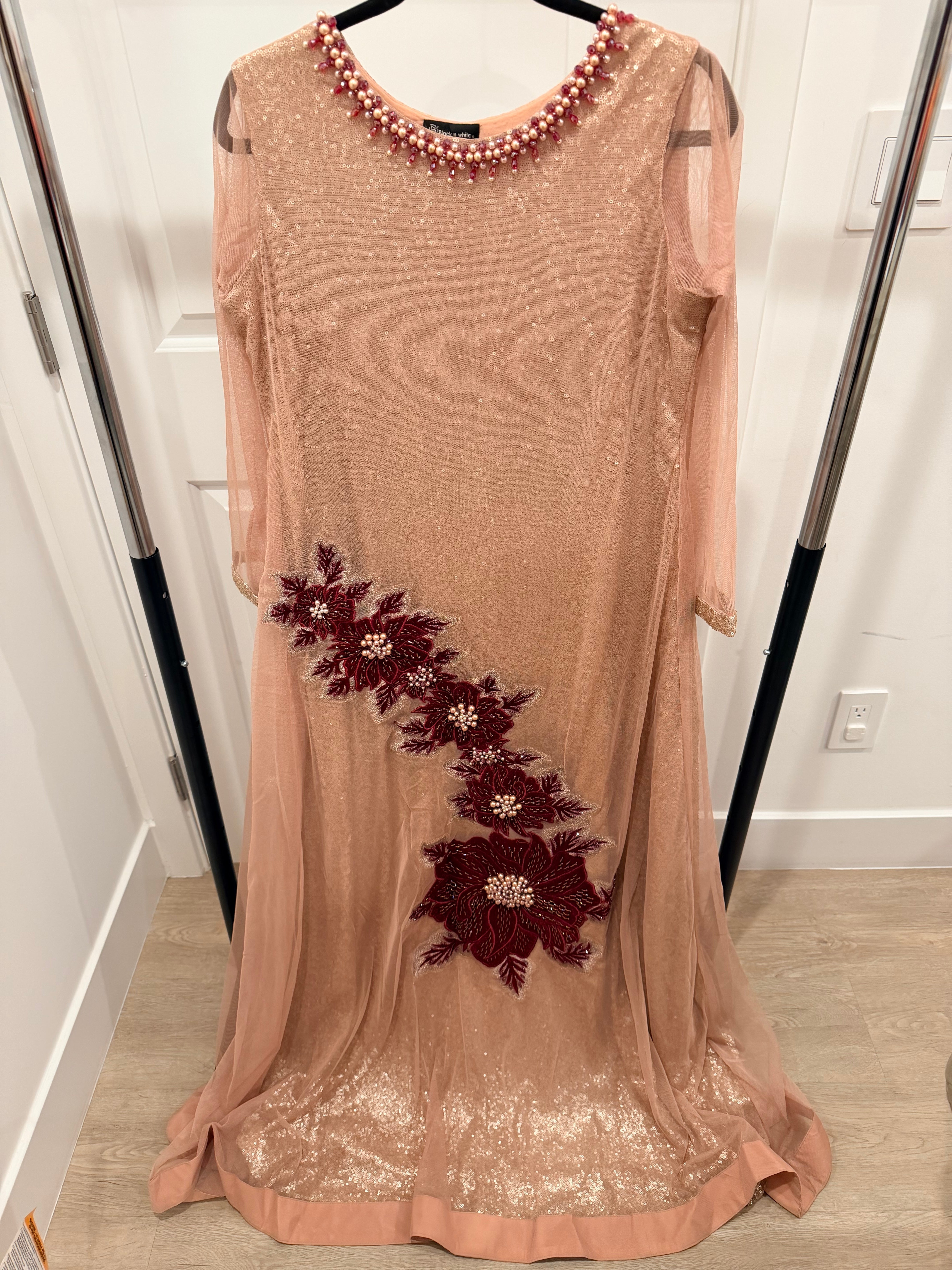 NEW Blush Pink Sequin Gown with Burgundy Floral Appliqué – 3-Piece Set