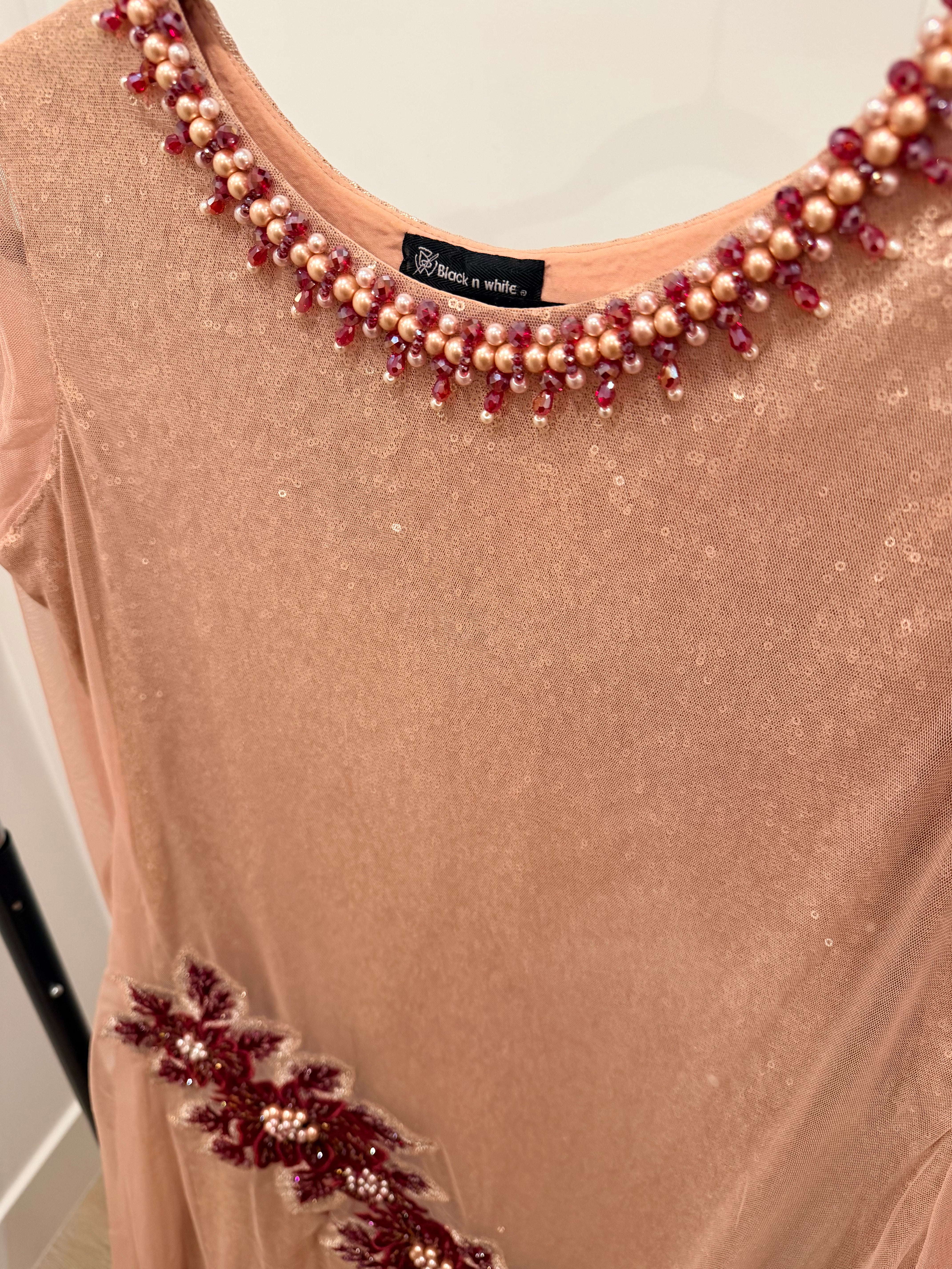 NEW Blush Pink Sequin Gown with Burgundy Floral Appliqué – 3-Piece Set