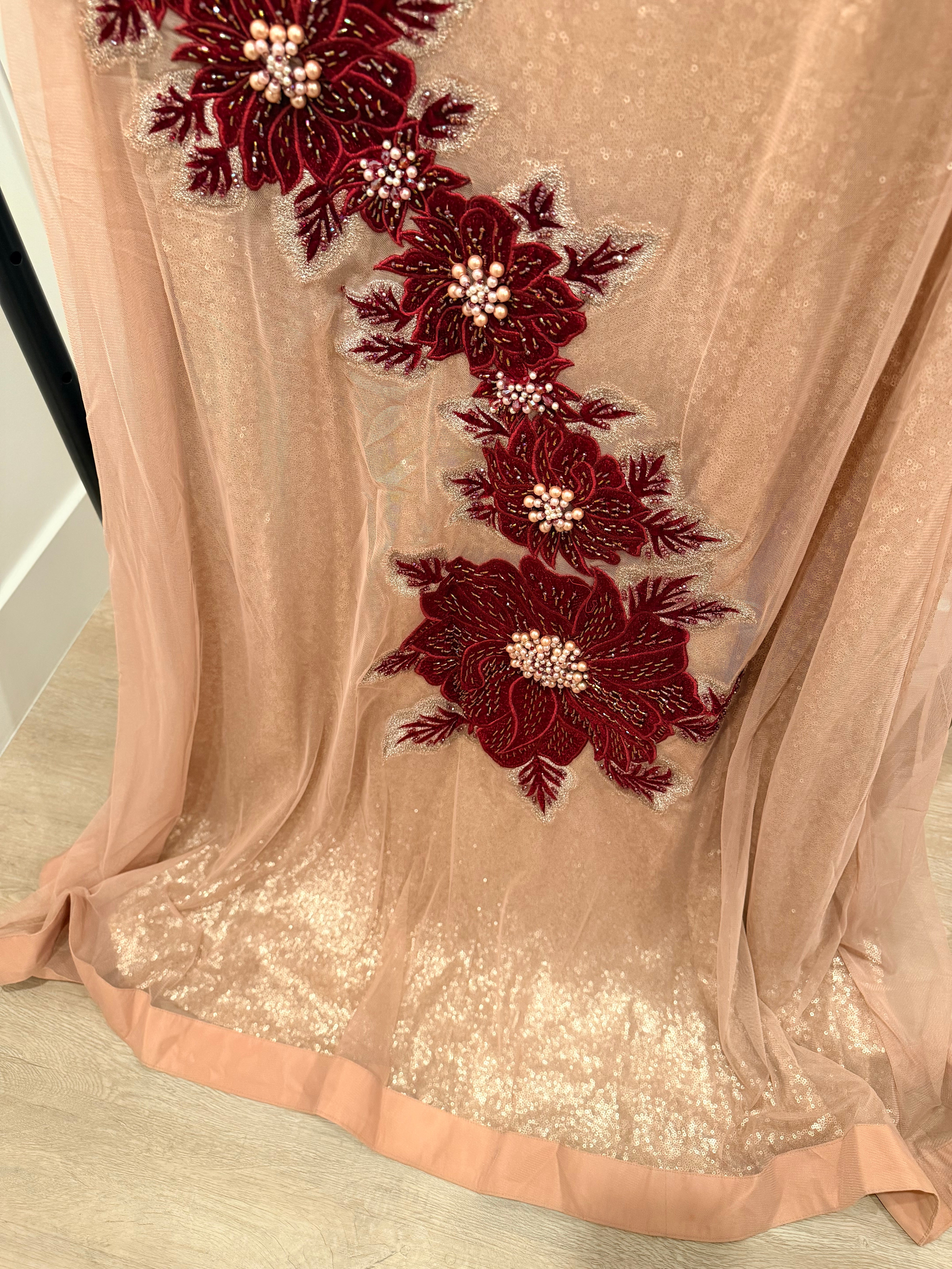NEW Blush Pink Sequin Gown with Burgundy Floral Appliqué – 3-Piece Set