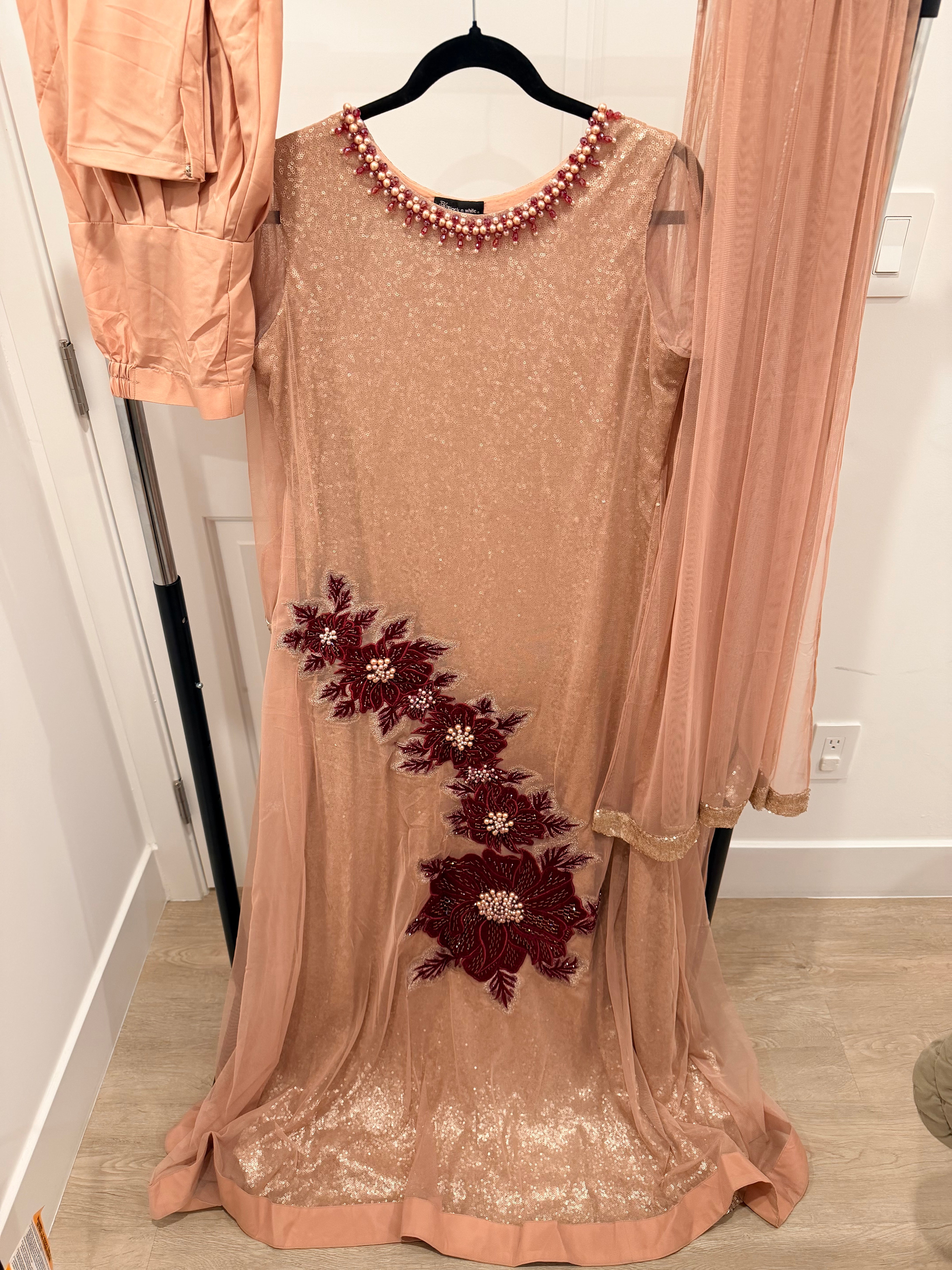 NEW Blush Pink Sequin Gown with Burgundy Floral Appliqué – 3-Piece Set