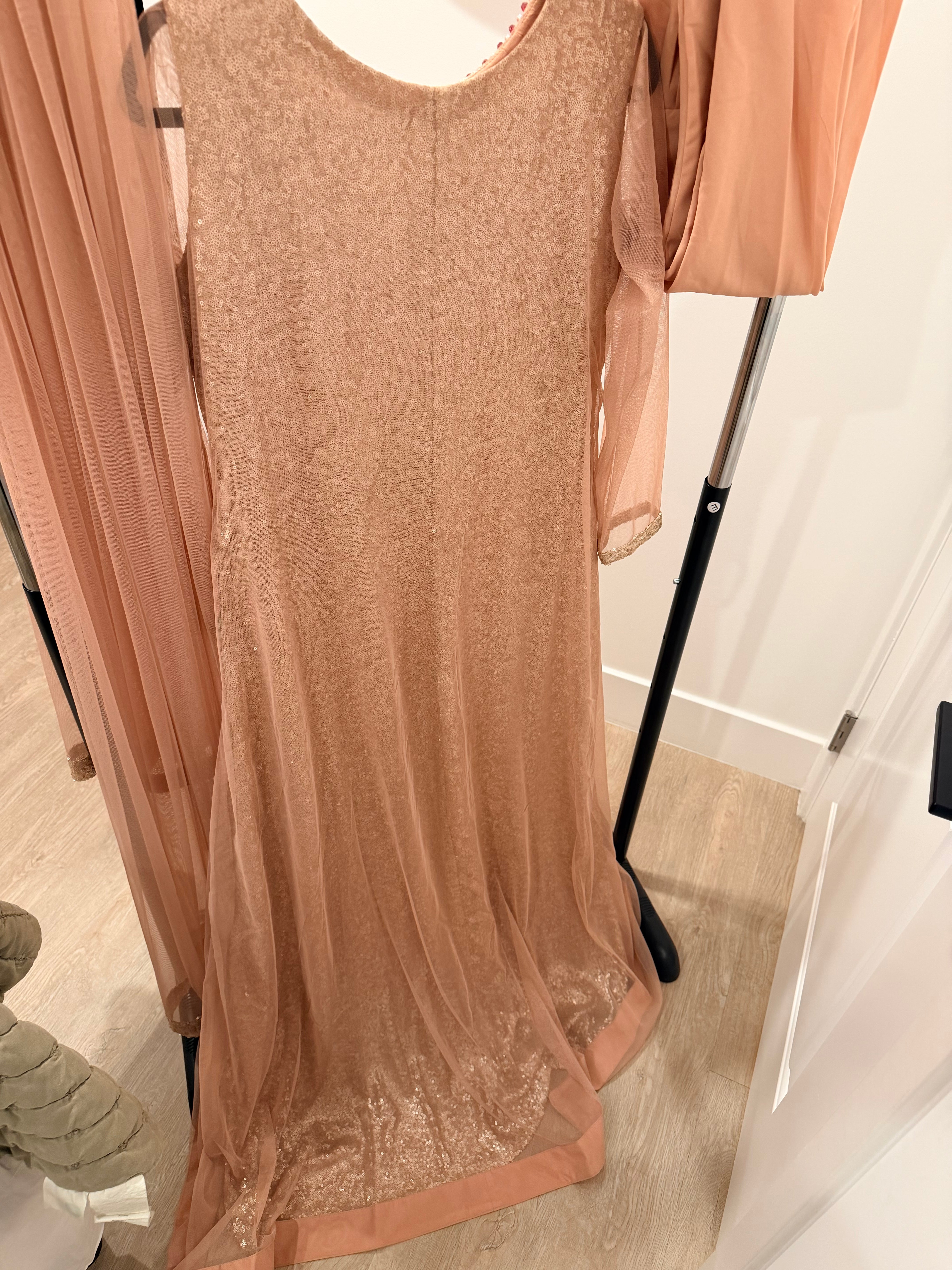 NEW Blush Pink Sequin Gown with Burgundy Floral Appliqué – 3-Piece Set