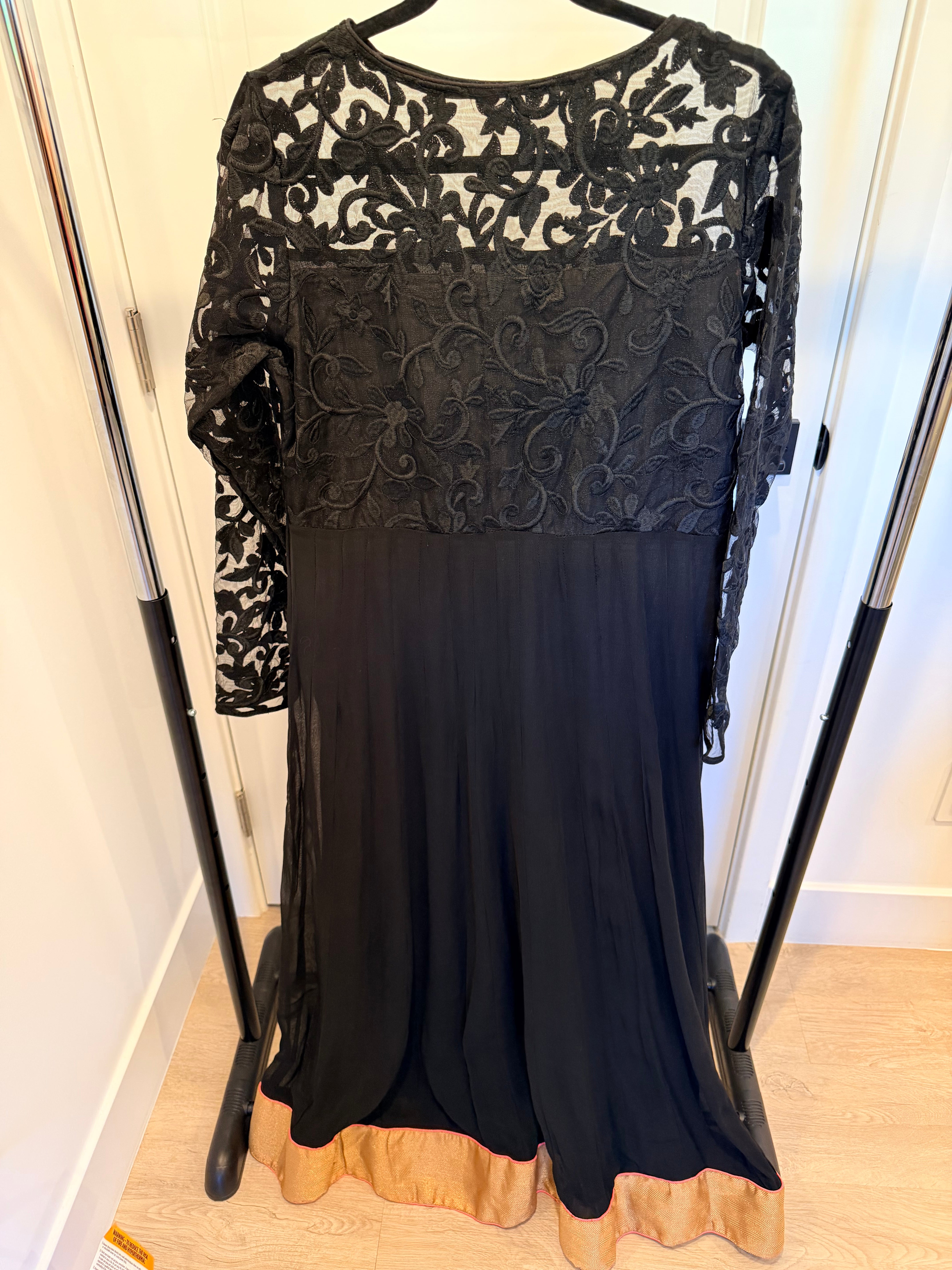 Black Embroidered Formal Anarkali Gown with Gold Hem