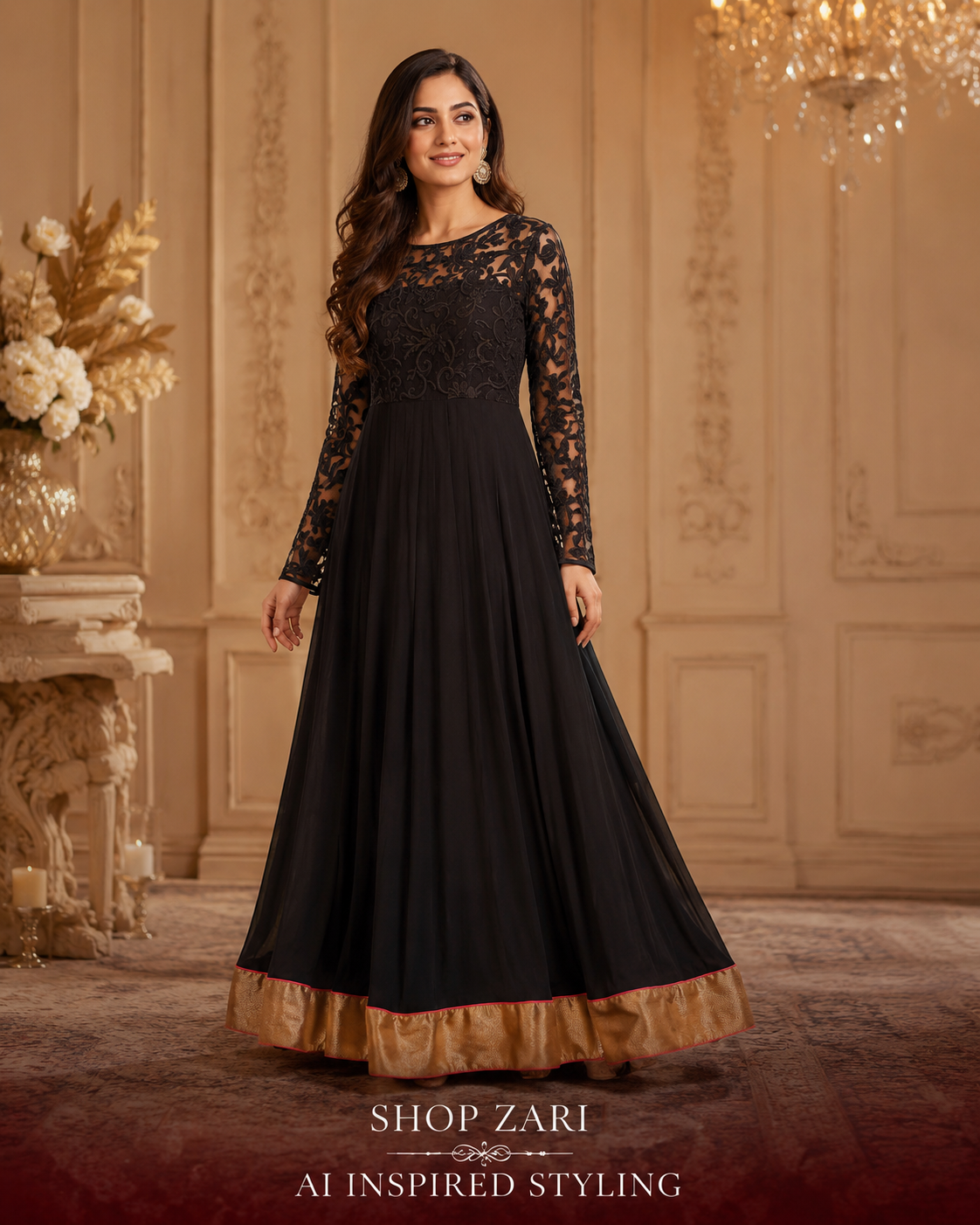 Black Embroidered Formal Anarkali Gown with Gold Hem
