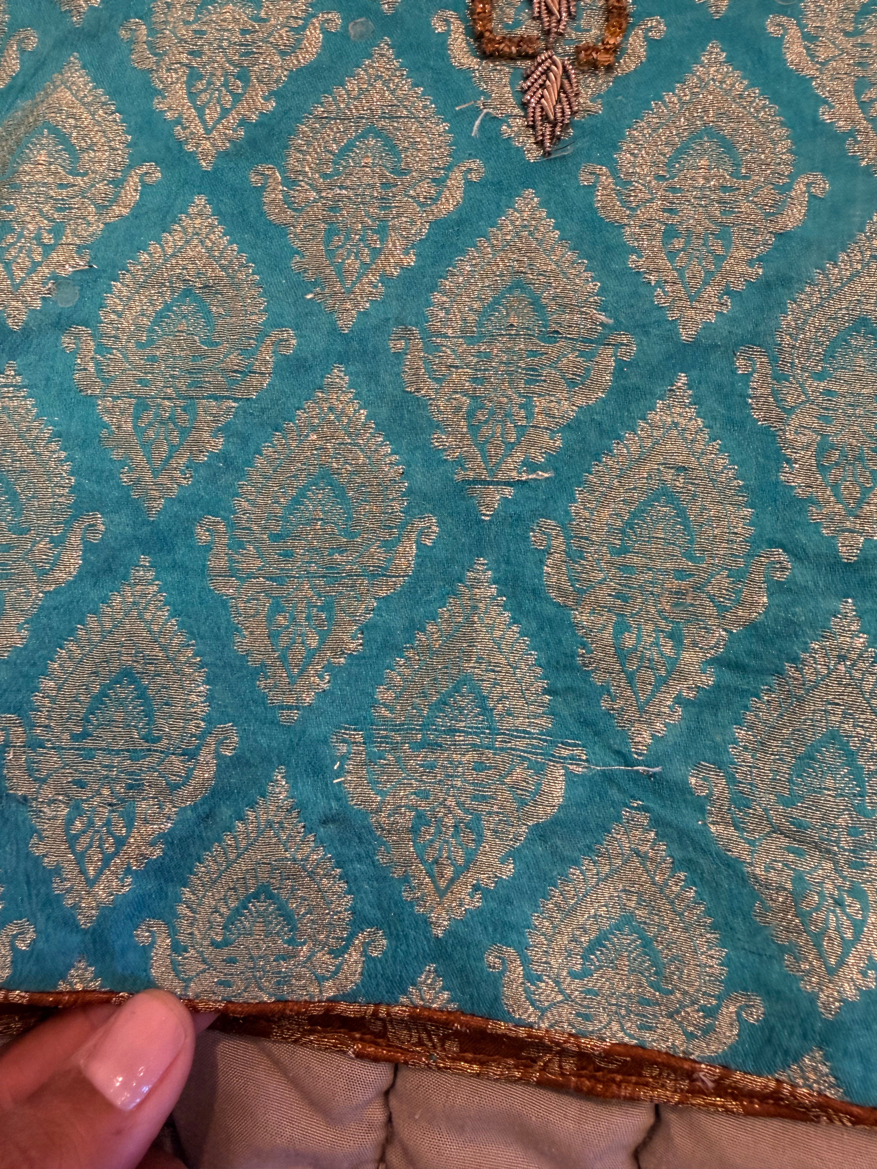 Turquoise Banarasi Brocade Lehenga Set with Gold Net Skirt & Dupatta