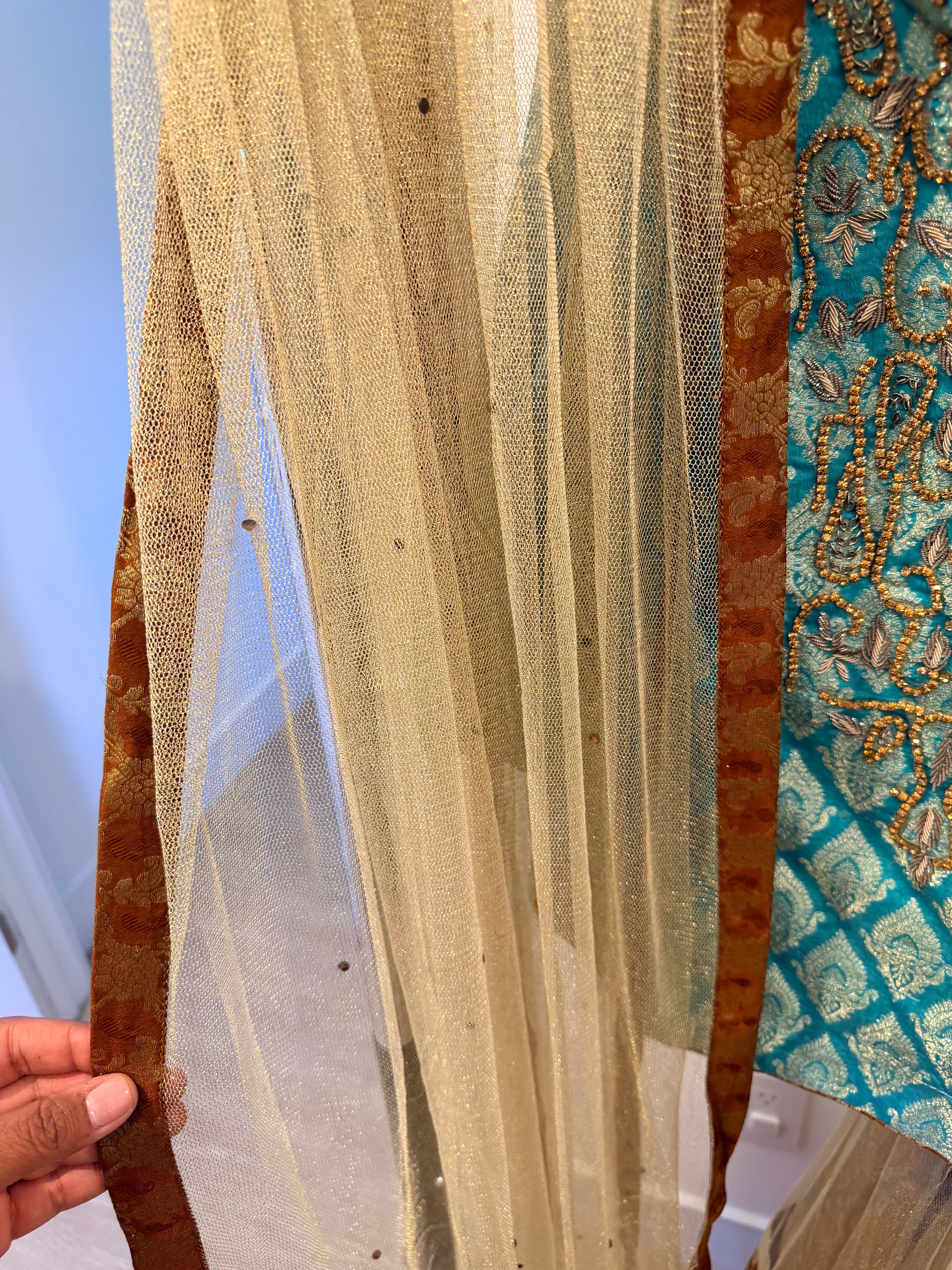 Turquoise Banarasi Brocade Lehenga Set with Gold Net Skirt & Dupatta