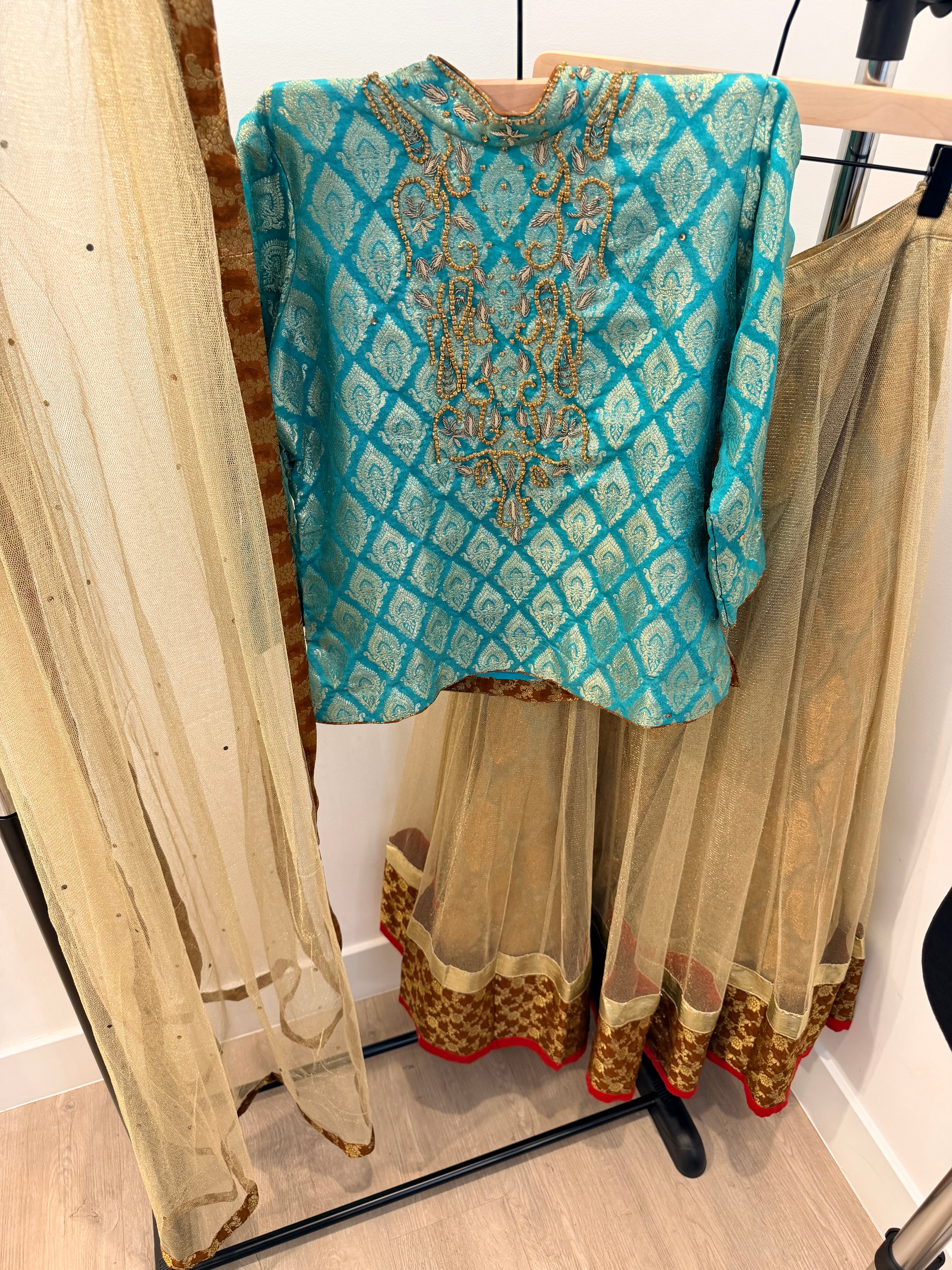 Turquoise Banarasi Brocade Lehenga Set with Gold Net Skirt & Dupatta