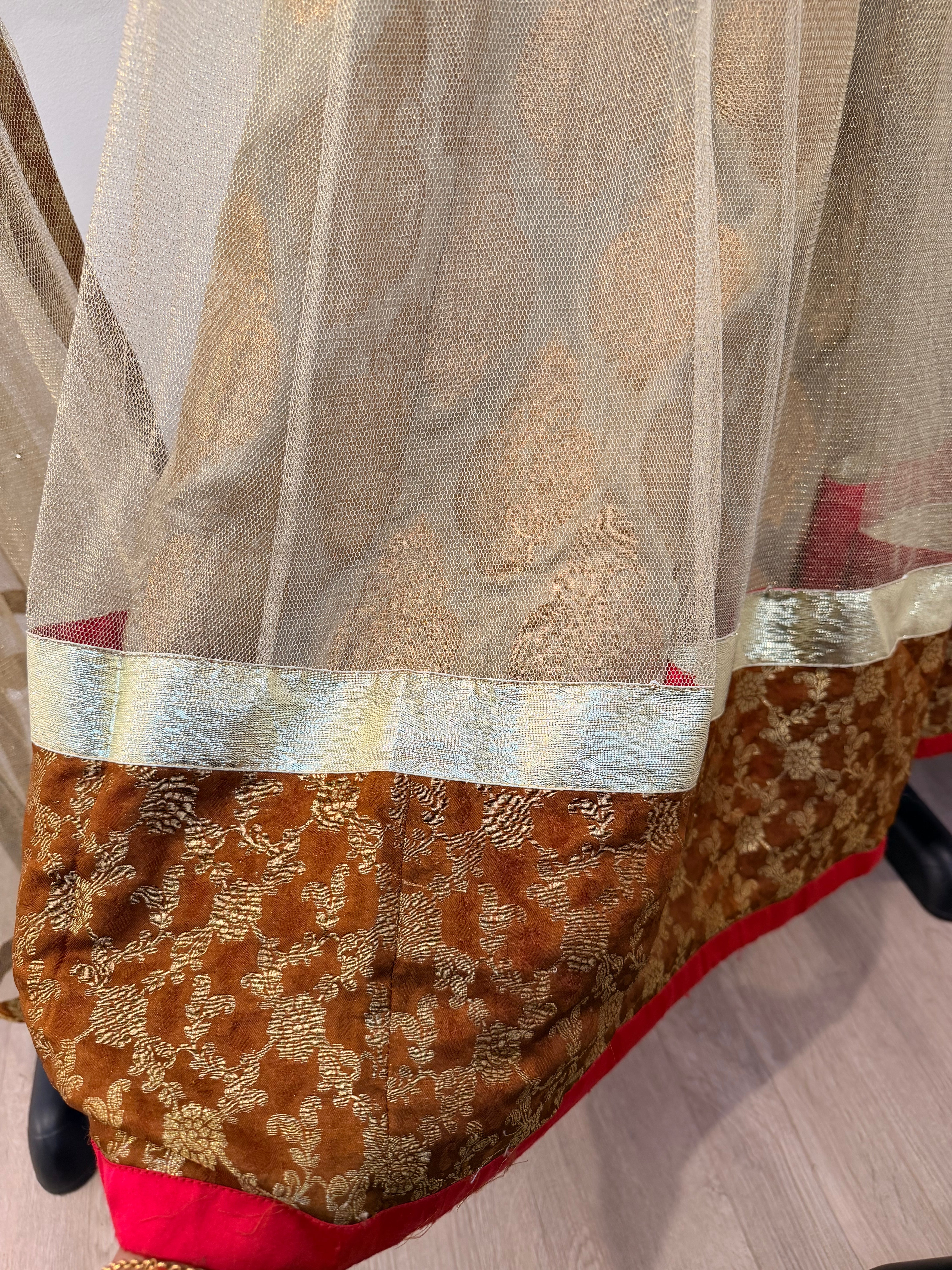 Turquoise Banarasi Brocade Lehenga Set with Gold Net Skirt & Dupatta