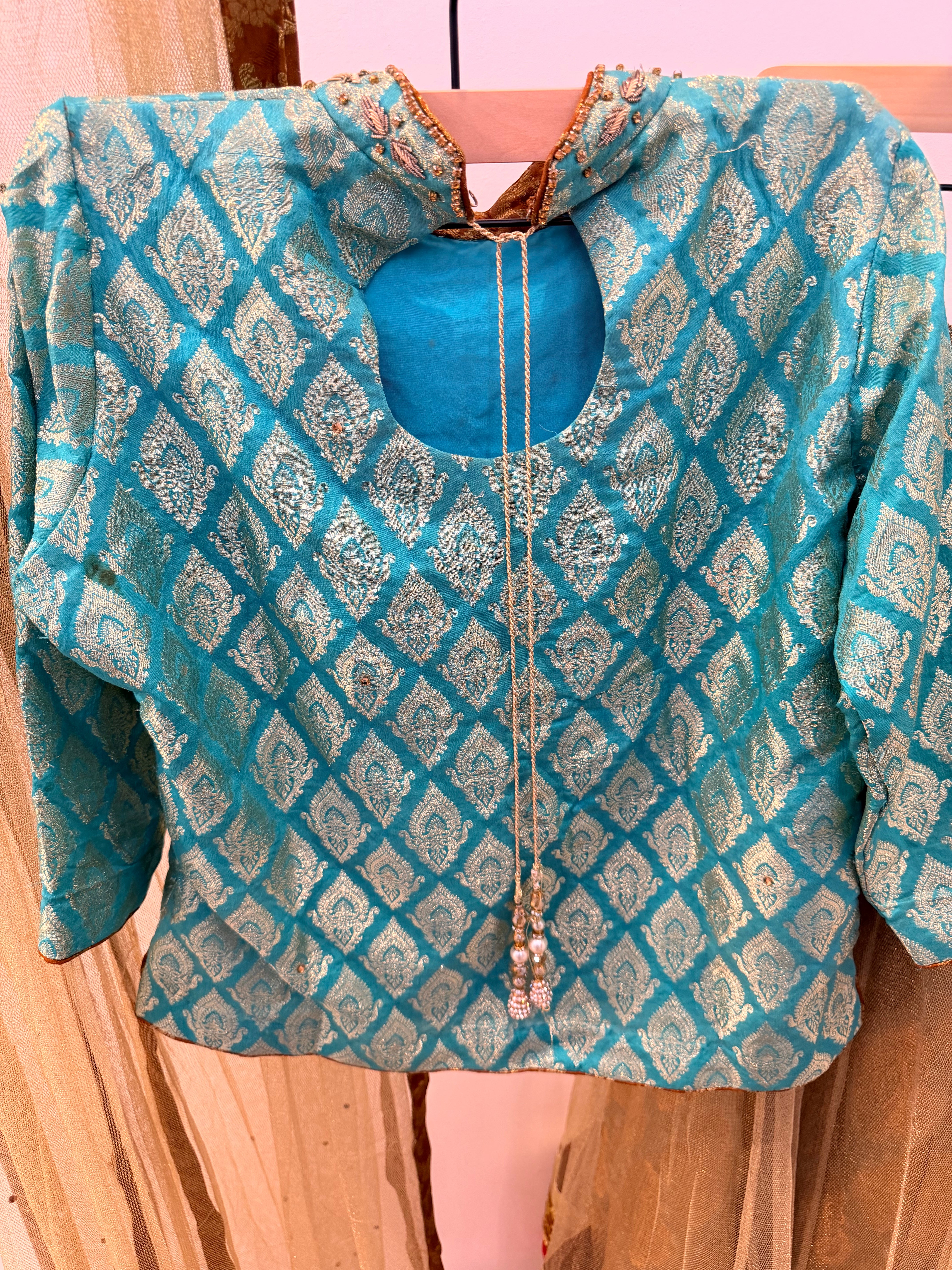 Turquoise Banarasi Brocade Lehenga Set with Gold Net Skirt & Dupatta