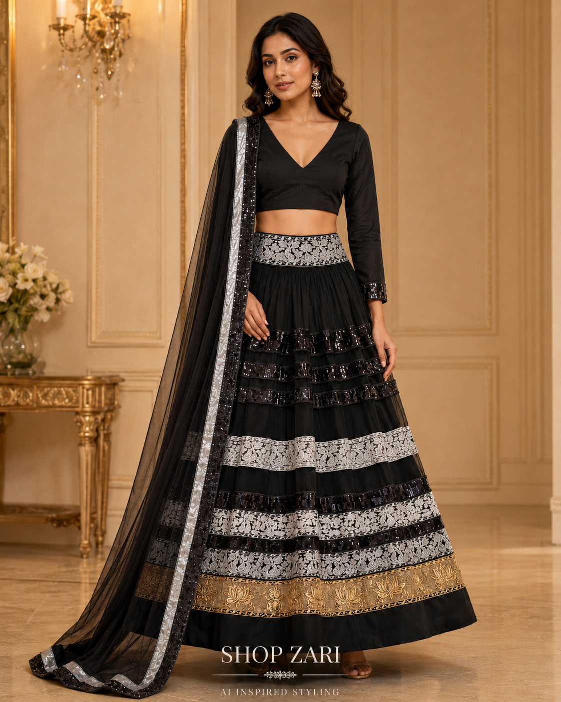 Black, Silver & Gold Embroidered Lehenga Choli – 3-Piece Set