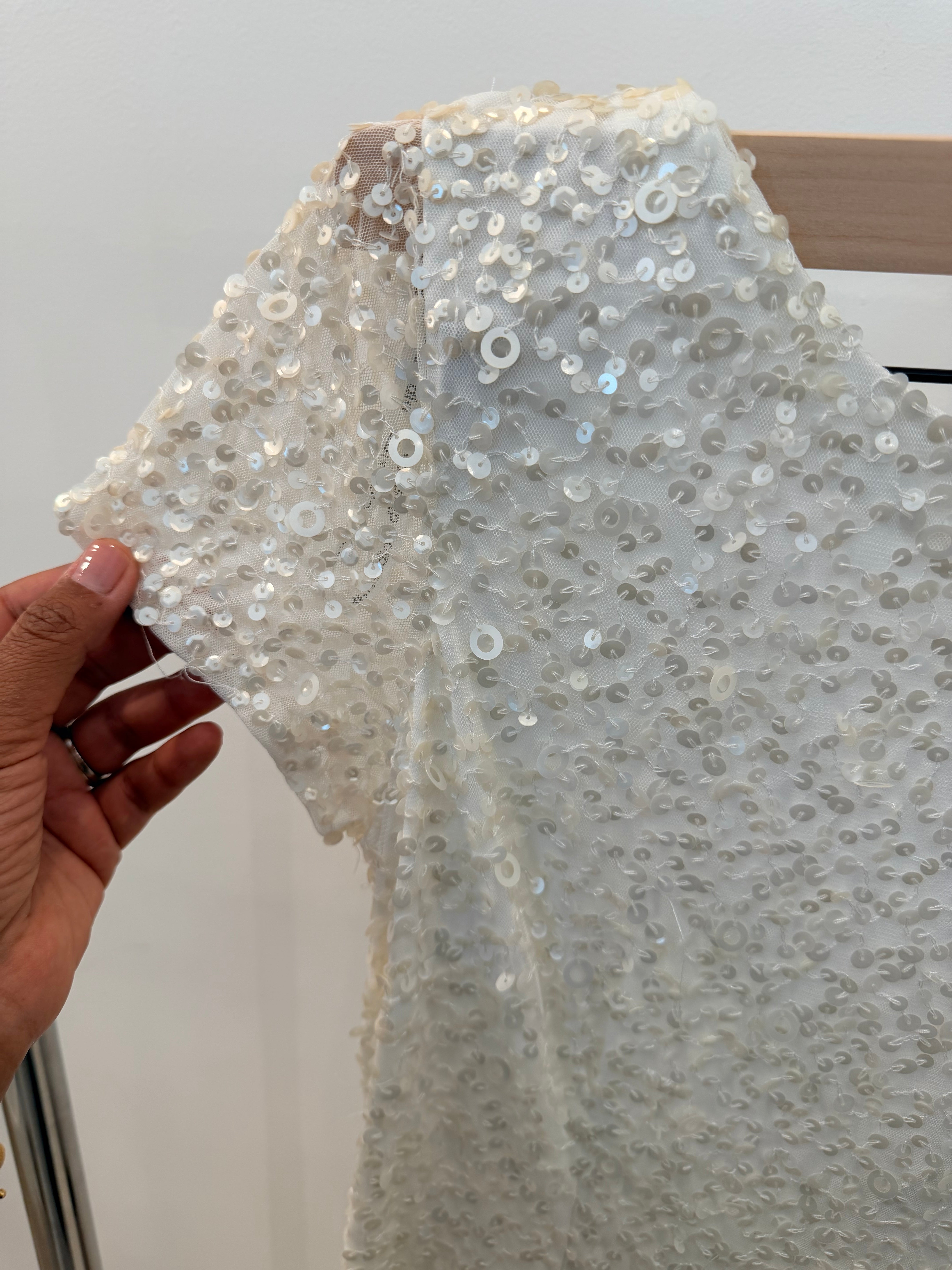 White Allover Sequin Fitted Wedding Gown with Scoop Back & Train