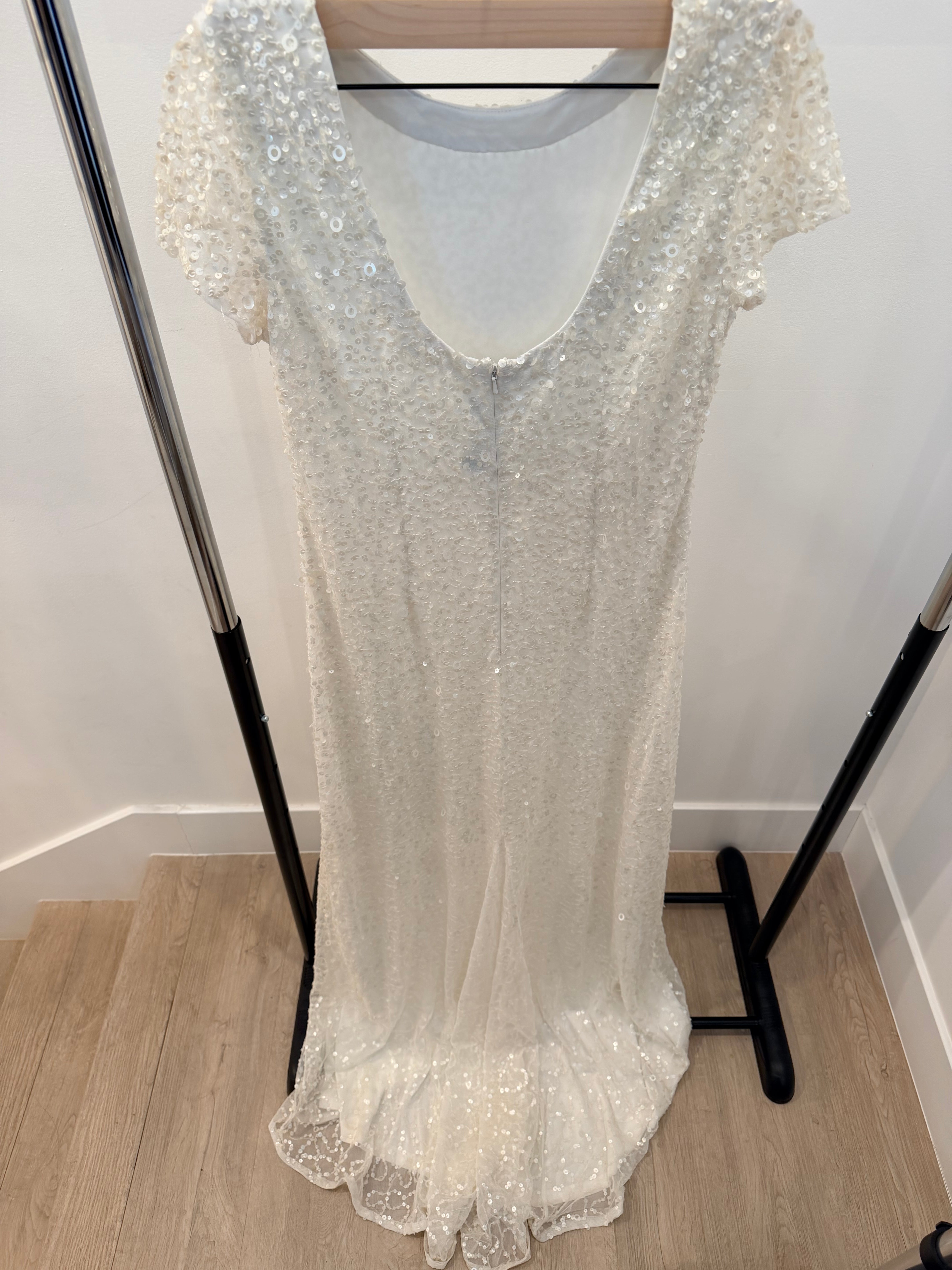 White Allover Sequin Fitted Wedding Gown with Scoop Back & Train
