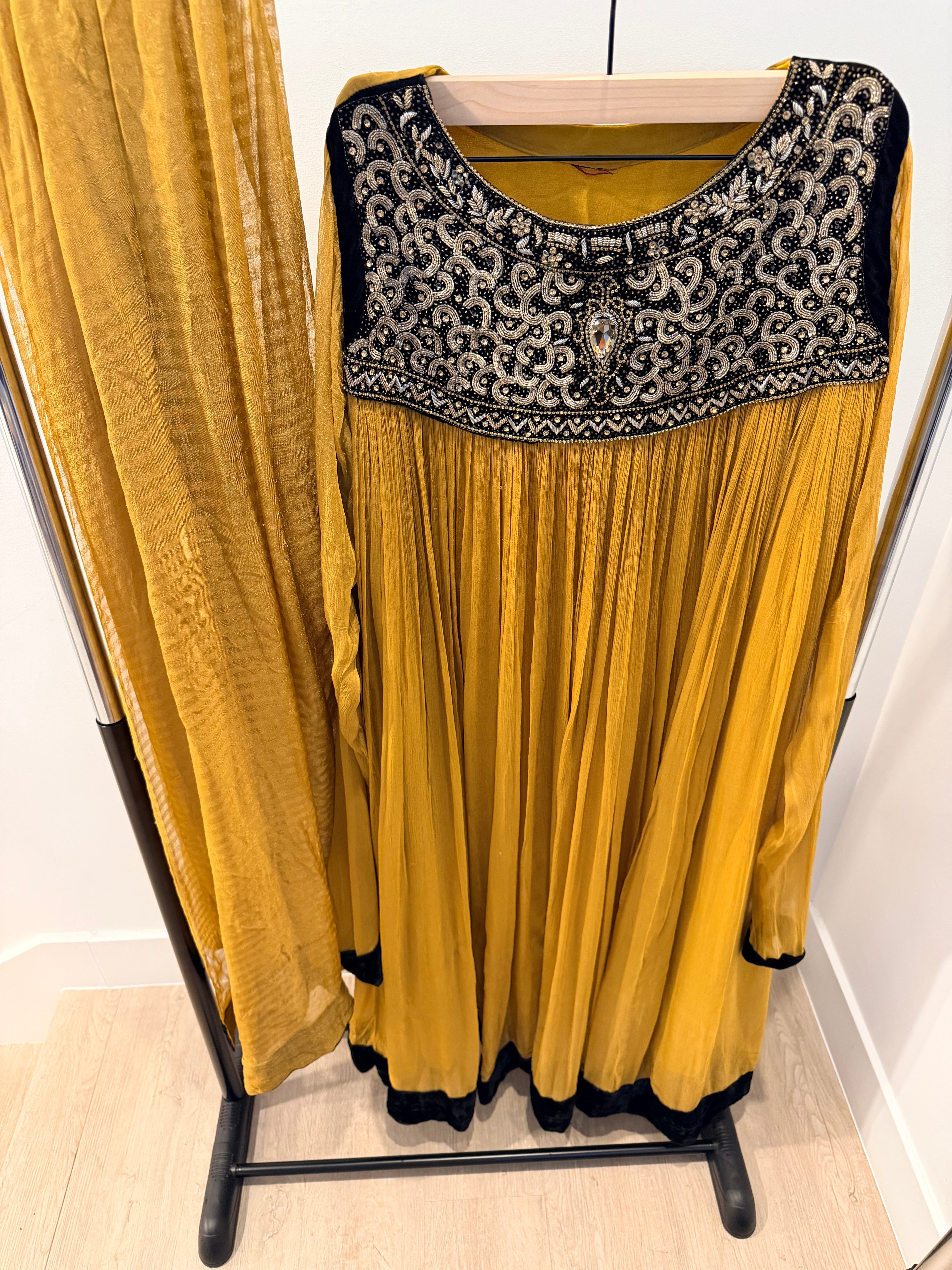 Mustard Gold Embellished Babydoll-Style Formal Dress with Dupatta