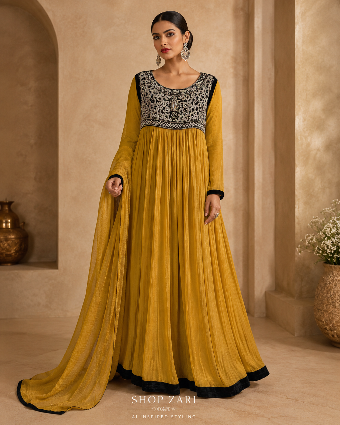 Mustard Gold Embellished Babydoll-Style Formal Dress with Dupatta