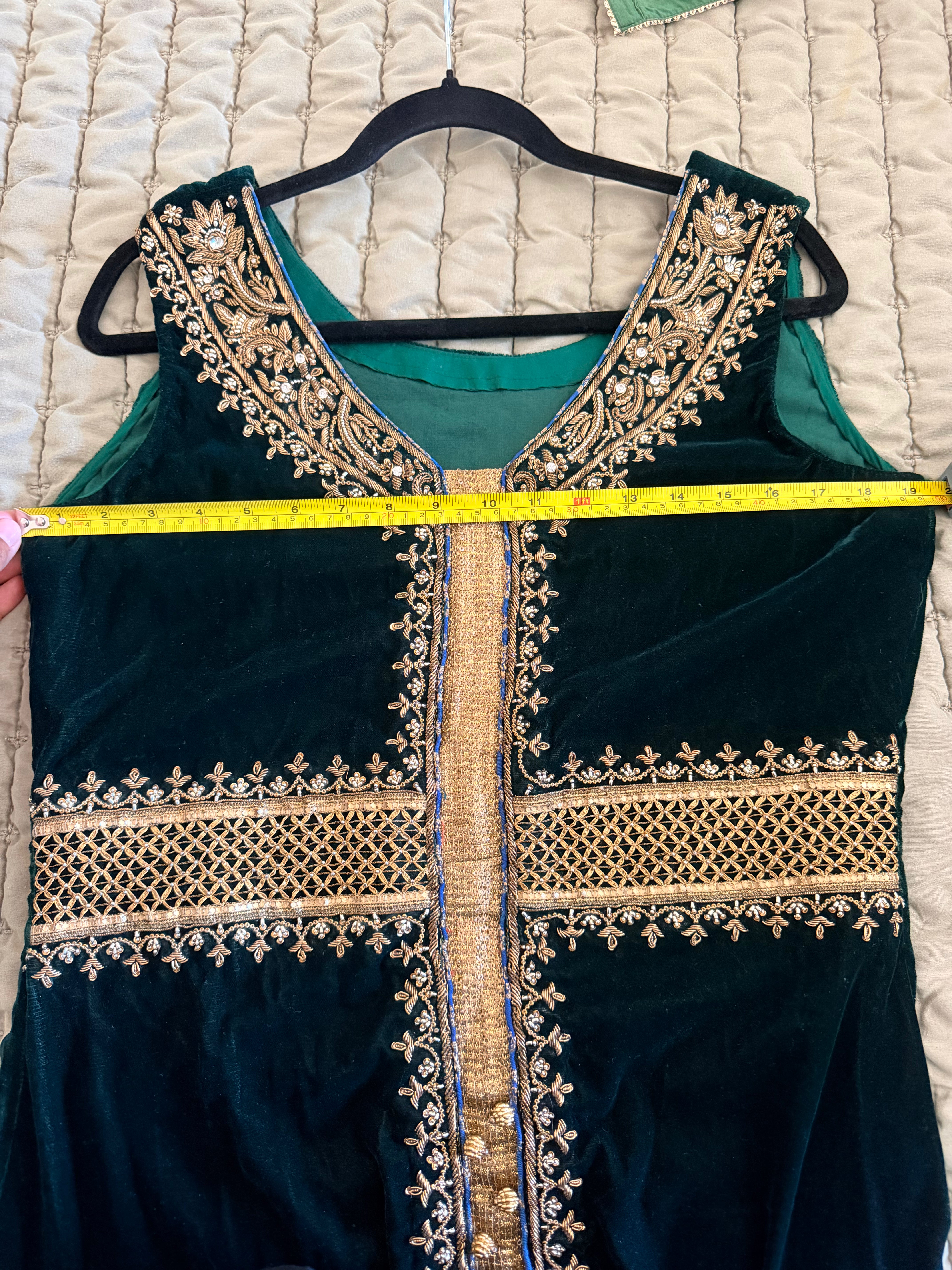Emerald Green Velvet Zari-Embroidered 3-Piece Formal Set with Gold Palazzo Pants
