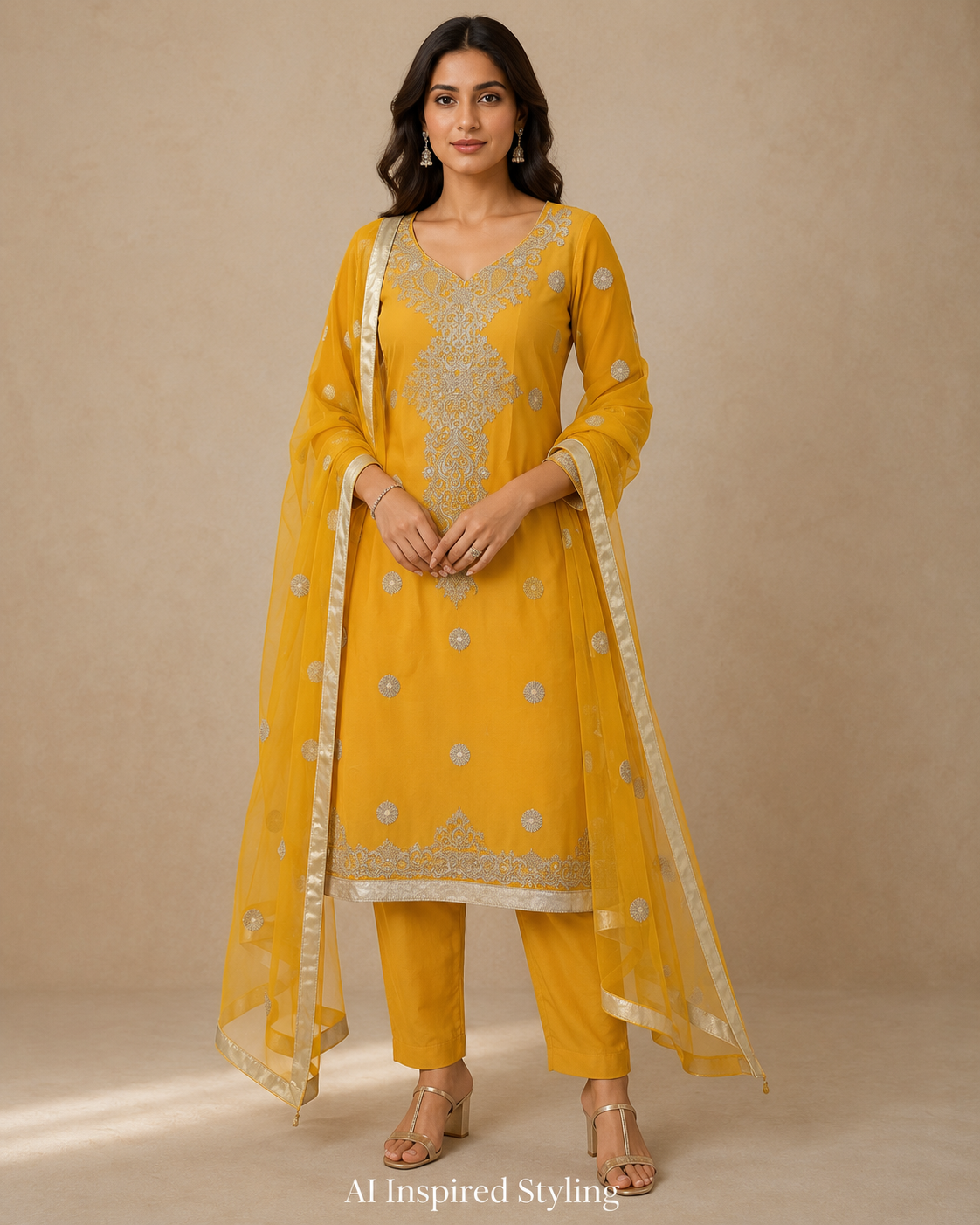 Marigold Yellow Embroidered Chiffon 3-Piece Suit with Churidar Sleeves & Dupatta