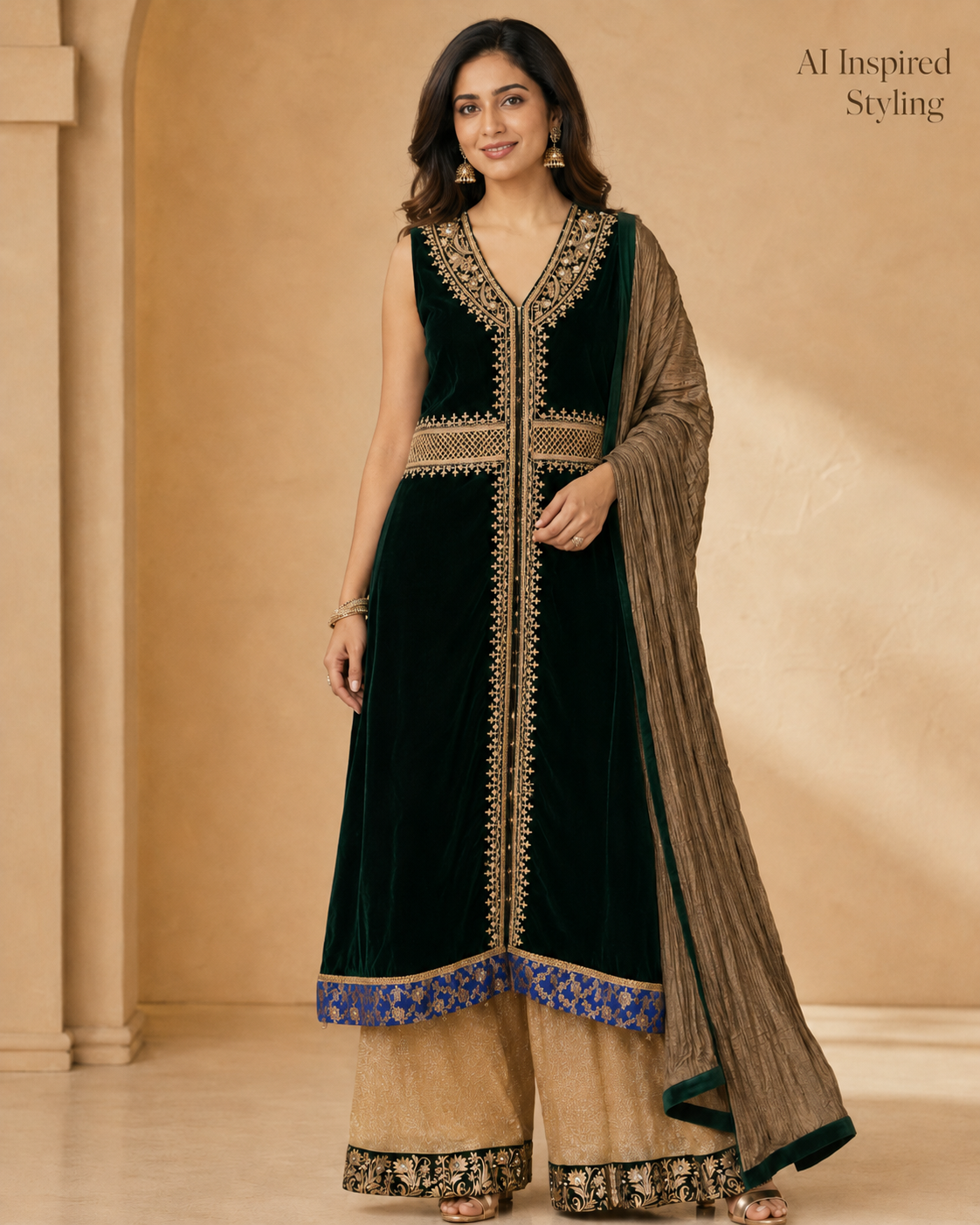 Emerald Green Velvet Zari-Embroidered 3-Piece Formal Set with Gold Palazzo Pants