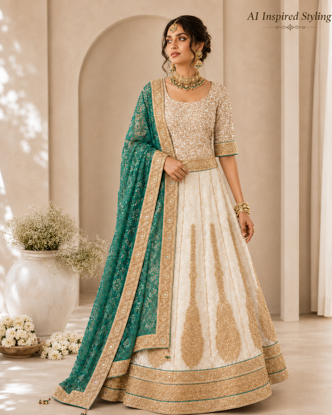 Ivory & Emerald Embellished Lehenga Set with Brocade Blouse and Dupatta