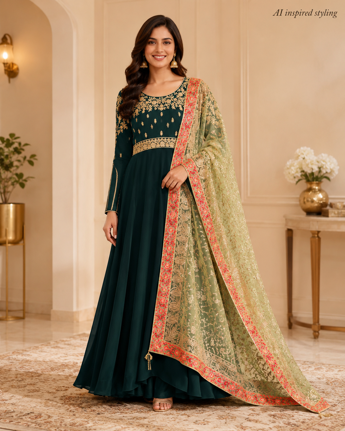 Emerald Green Embroidered Anarkali with Churidar & Net Dupatta
