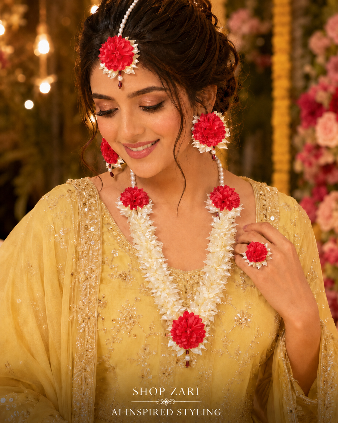 New Floral Garland Jewelry Set – Necklace, Earrings, Ring & Maang Tikka