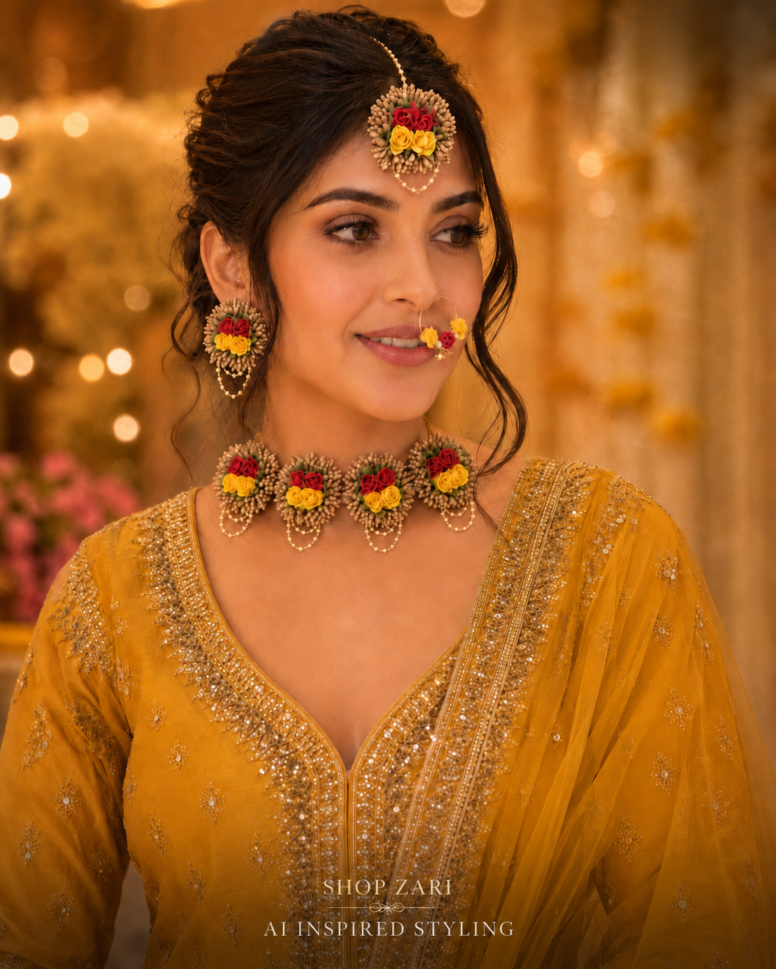 New Multicolor Floral Jewelry Set – Necklace, Earrings, Nath & Maang Tikka