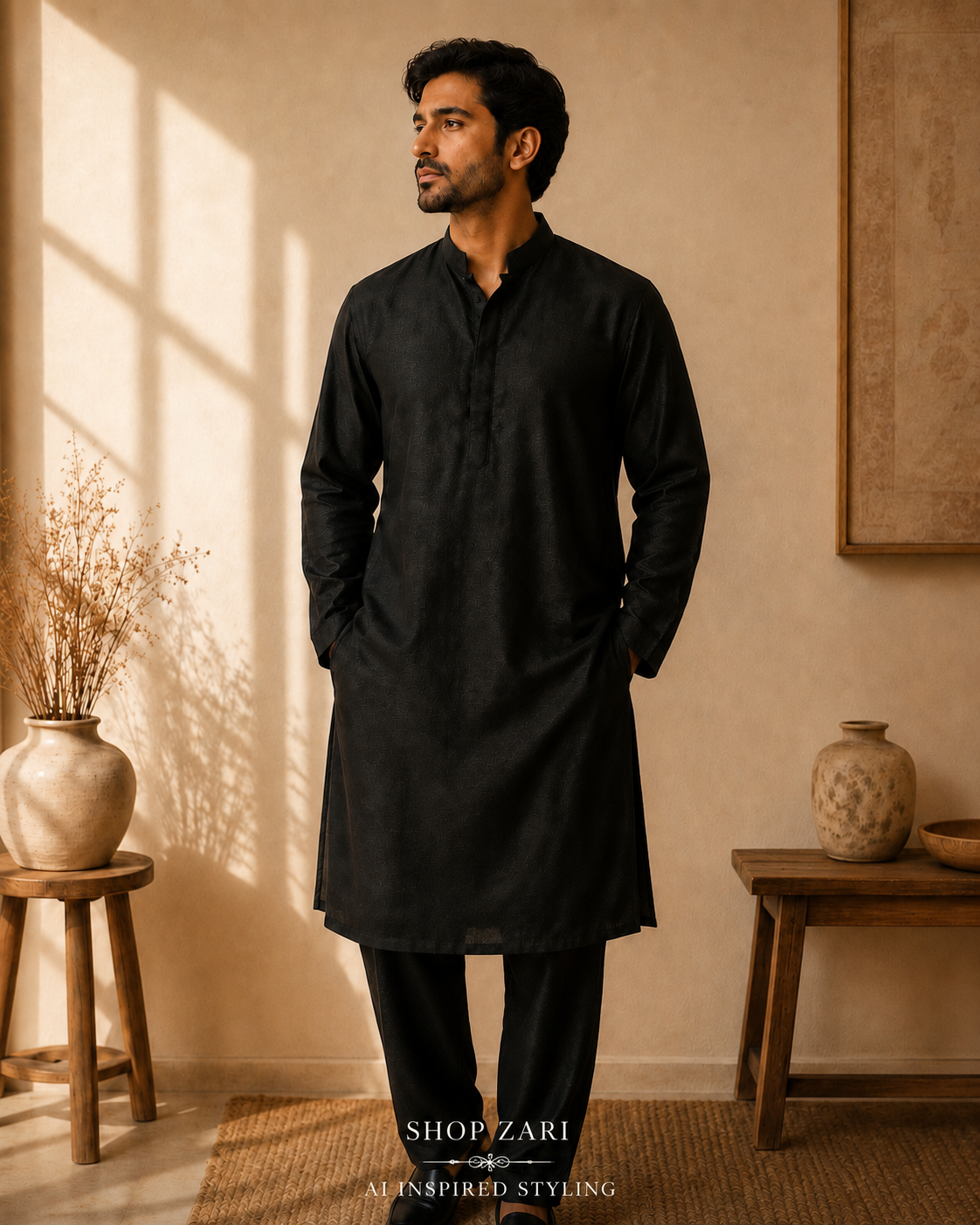 Black Raw Silk Men’s Kurta | Mandarin Collar | Size L