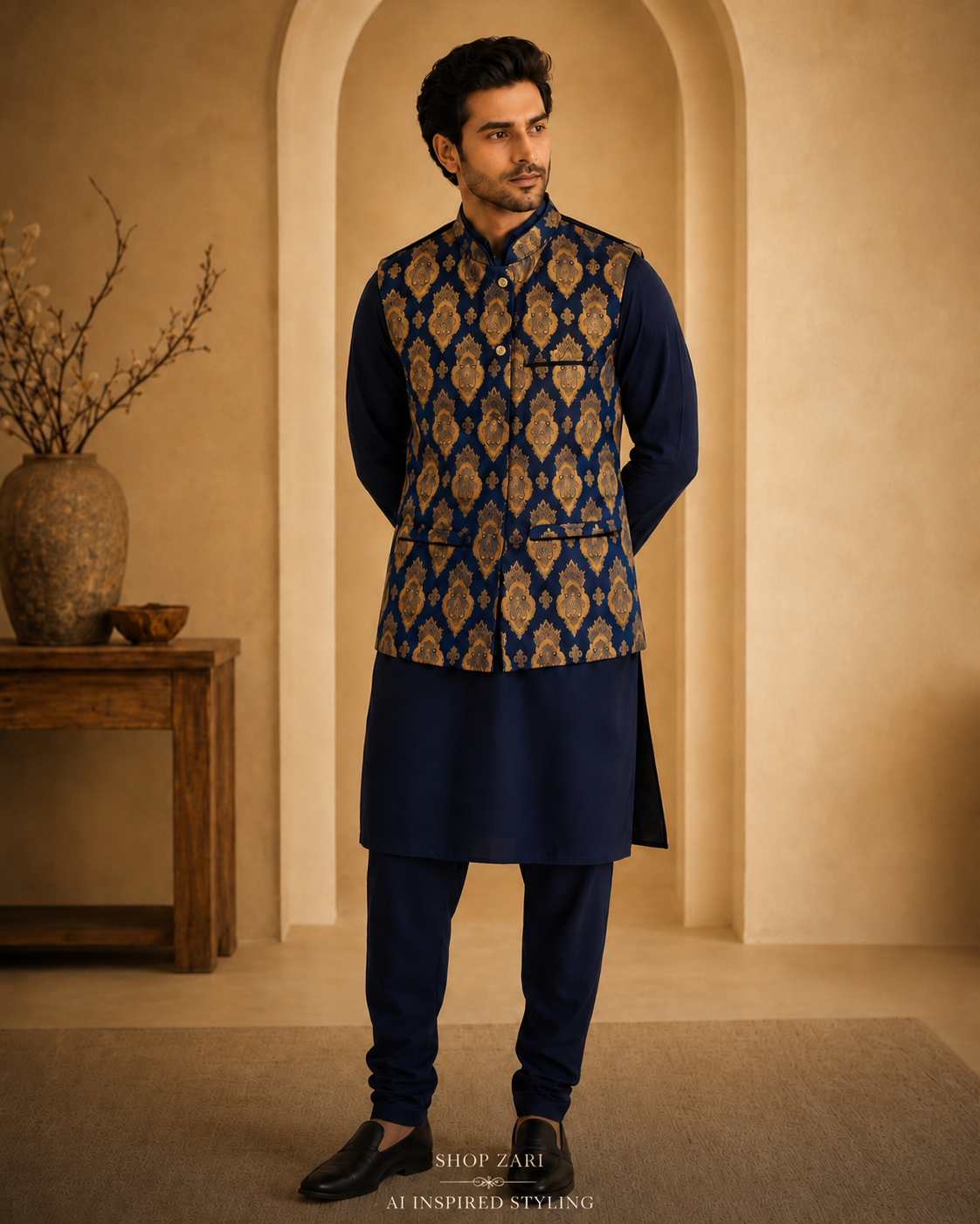 New Dark Navy & Gold Brocade Long Waistcoat / Sherwani Vest