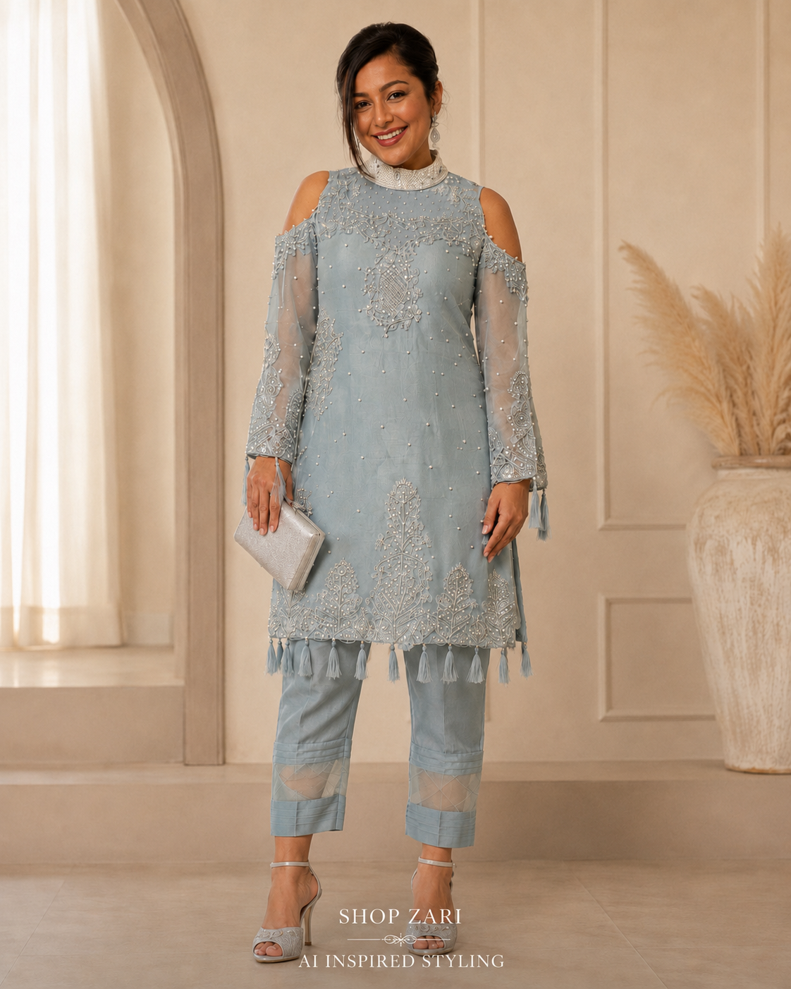 Dusty Blue Pearl-Embellished Organza Cold-Shoulder Kurta & Trouser Set