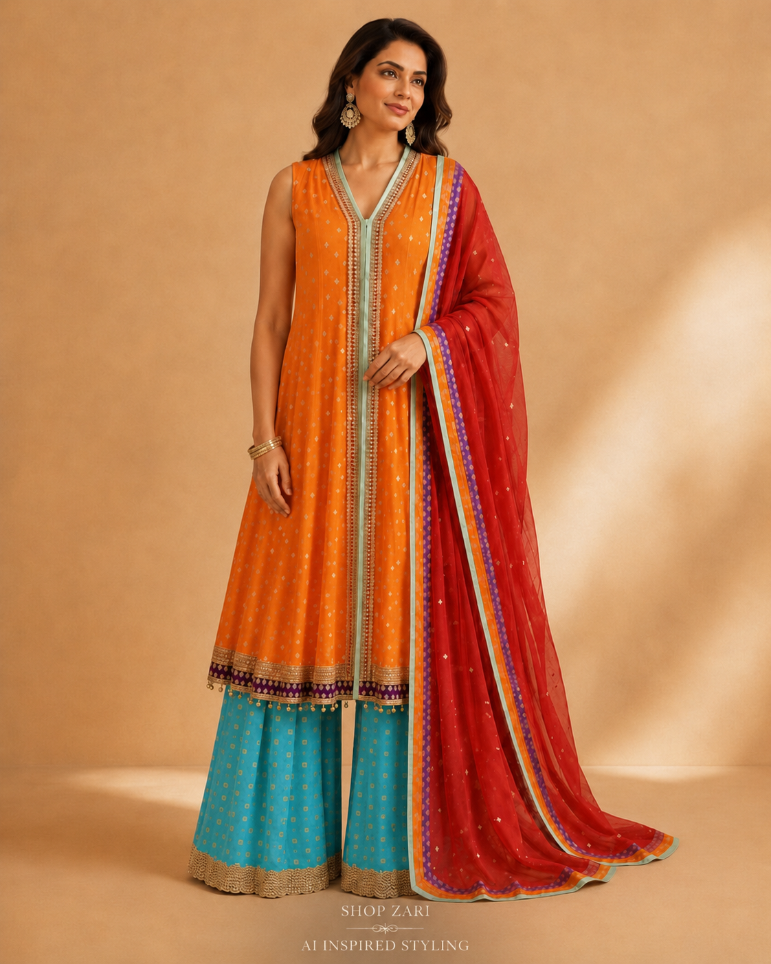 Saima Rahim Custom - Vibrant Orange Sharara Set with Banarasi Pants & Contrast Dupatta