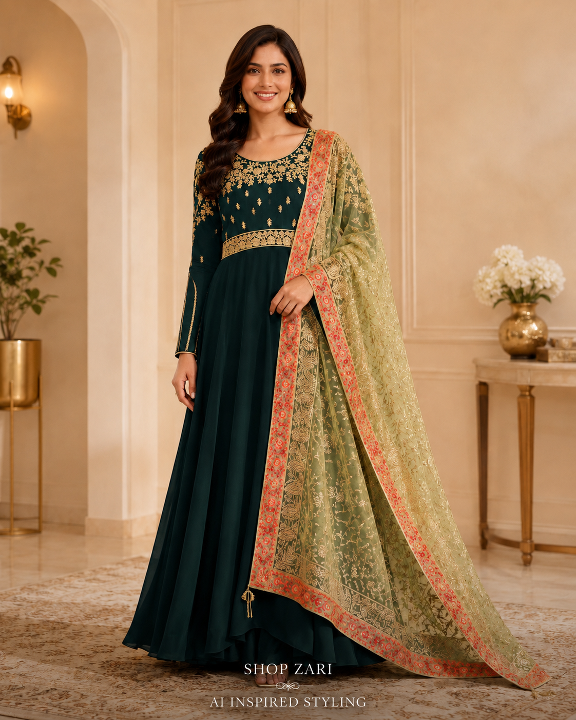 Emerald Green Embroidered Anarkali with Churidar & Net Dupatta