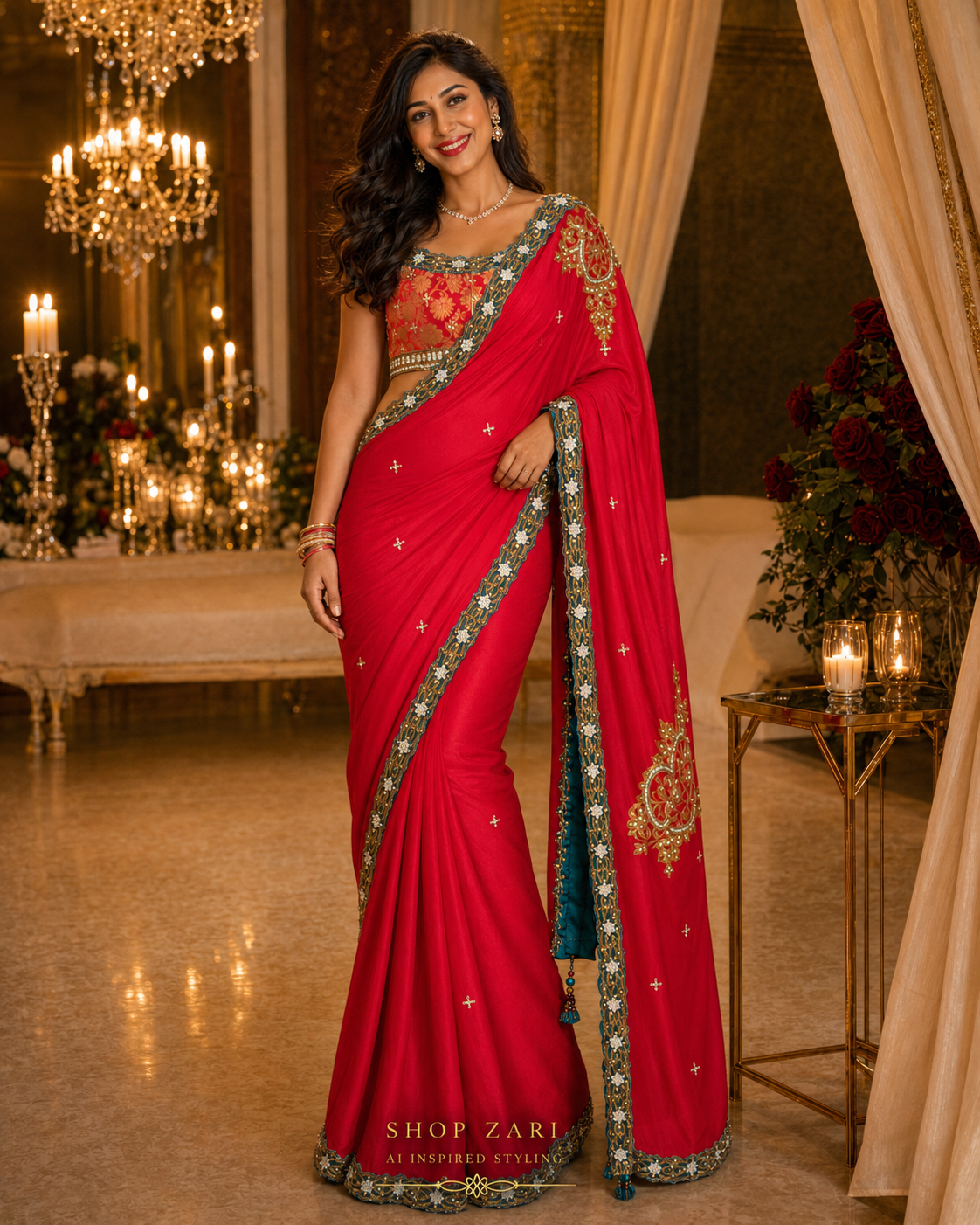 Ruby Red Silk Sari with Green Velvet Embellished Border and Brocade Blouse