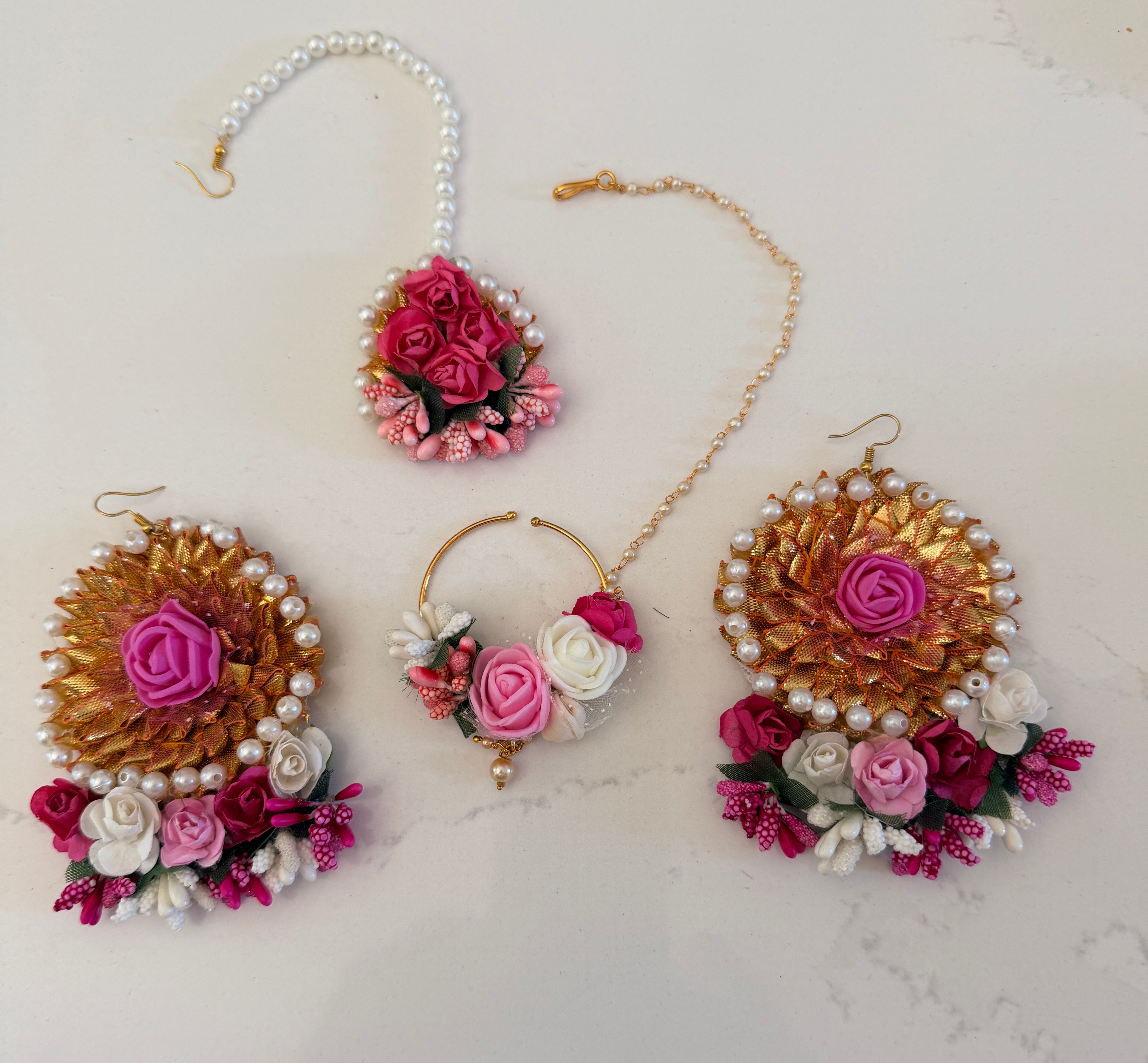 Pink Floral Gota Jewelry Set – Nath, Earrings & Maang Tikka
