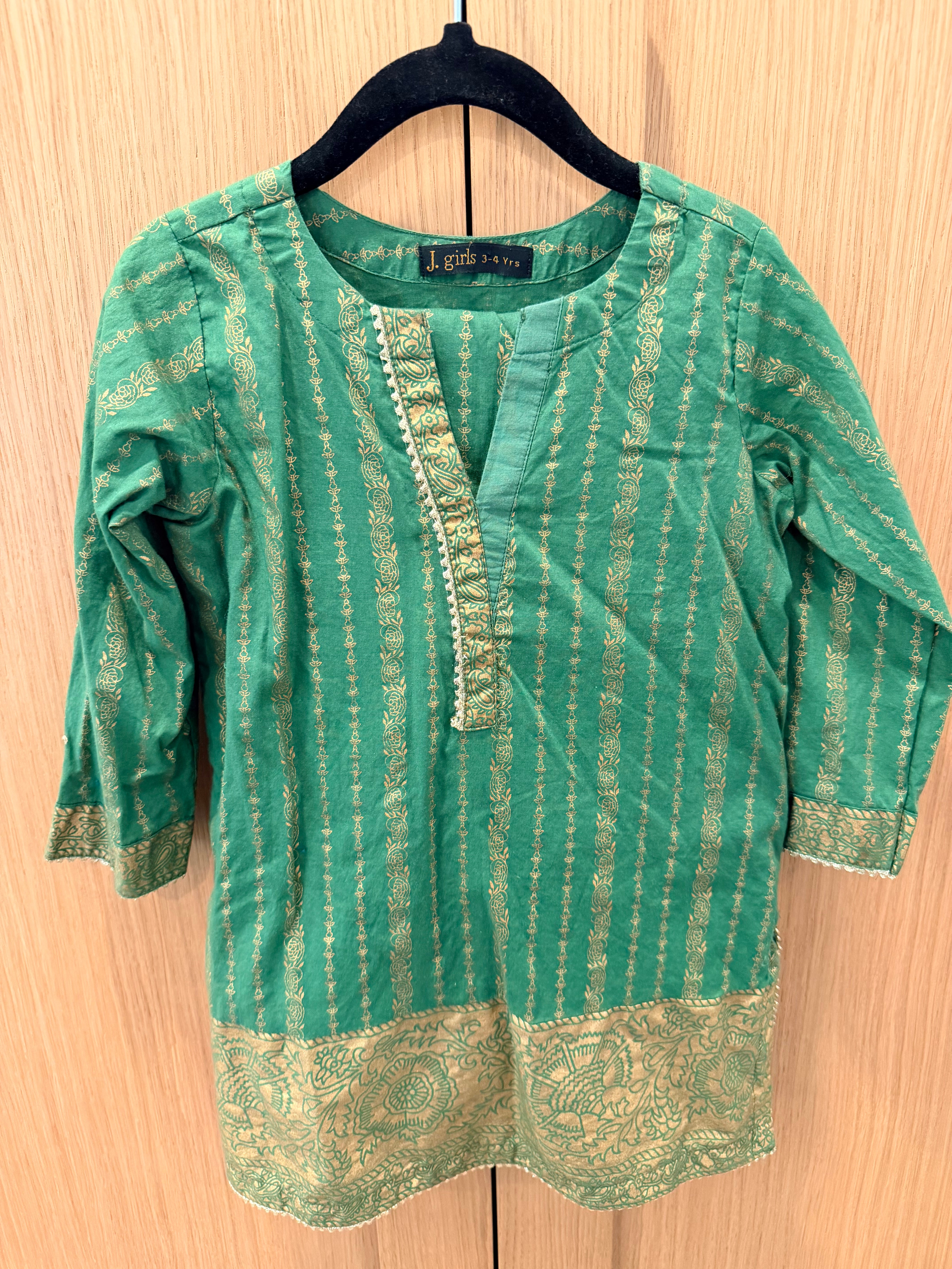 J. Girls Green & Gold Printed Cotton Kurta & Shalwar Set (2-Piece) | Size 3–4 Years