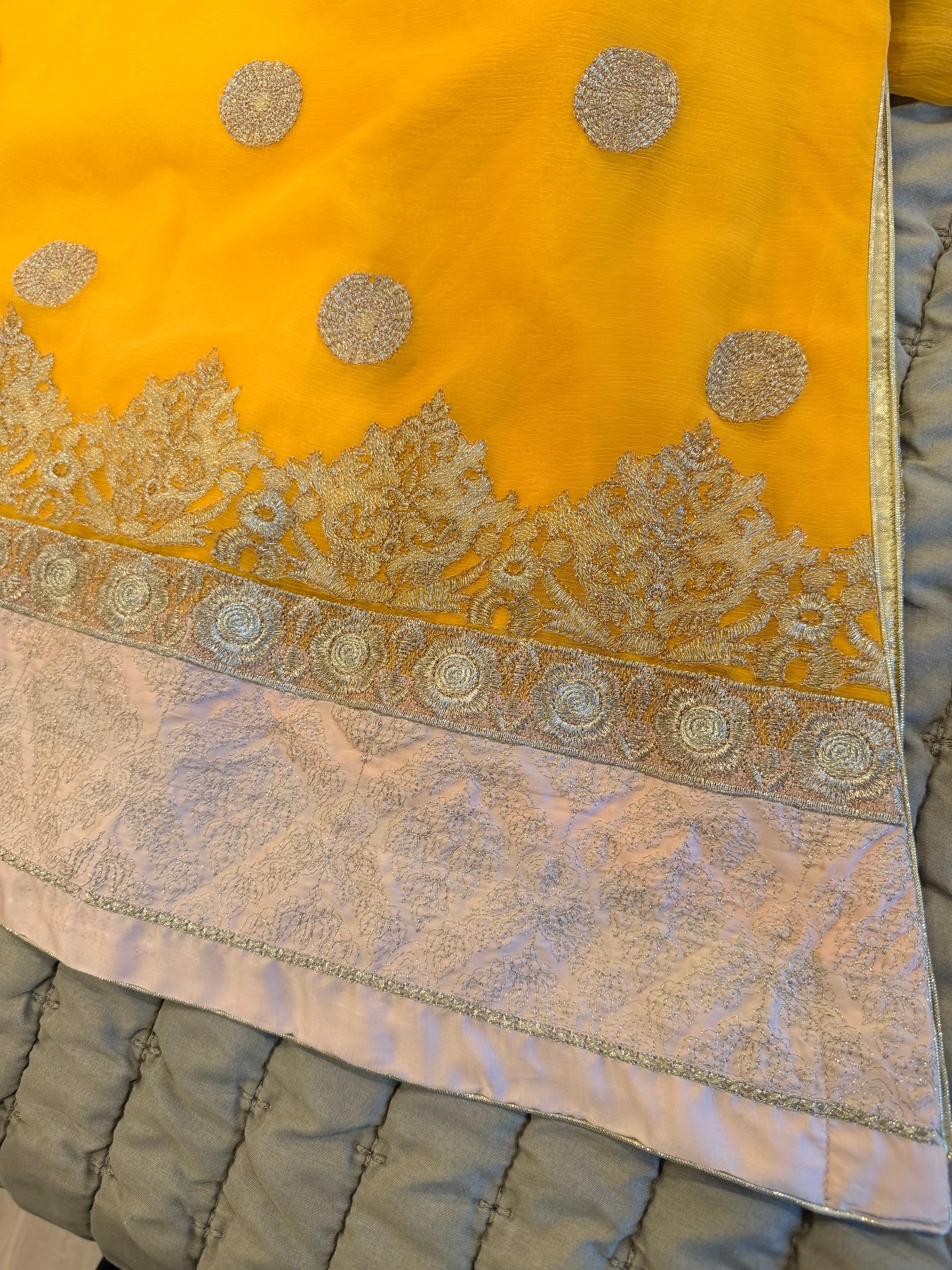 Marigold Yellow Embroidered Chiffon 3-Piece Suit with Churidar Sleeves & Dupatta