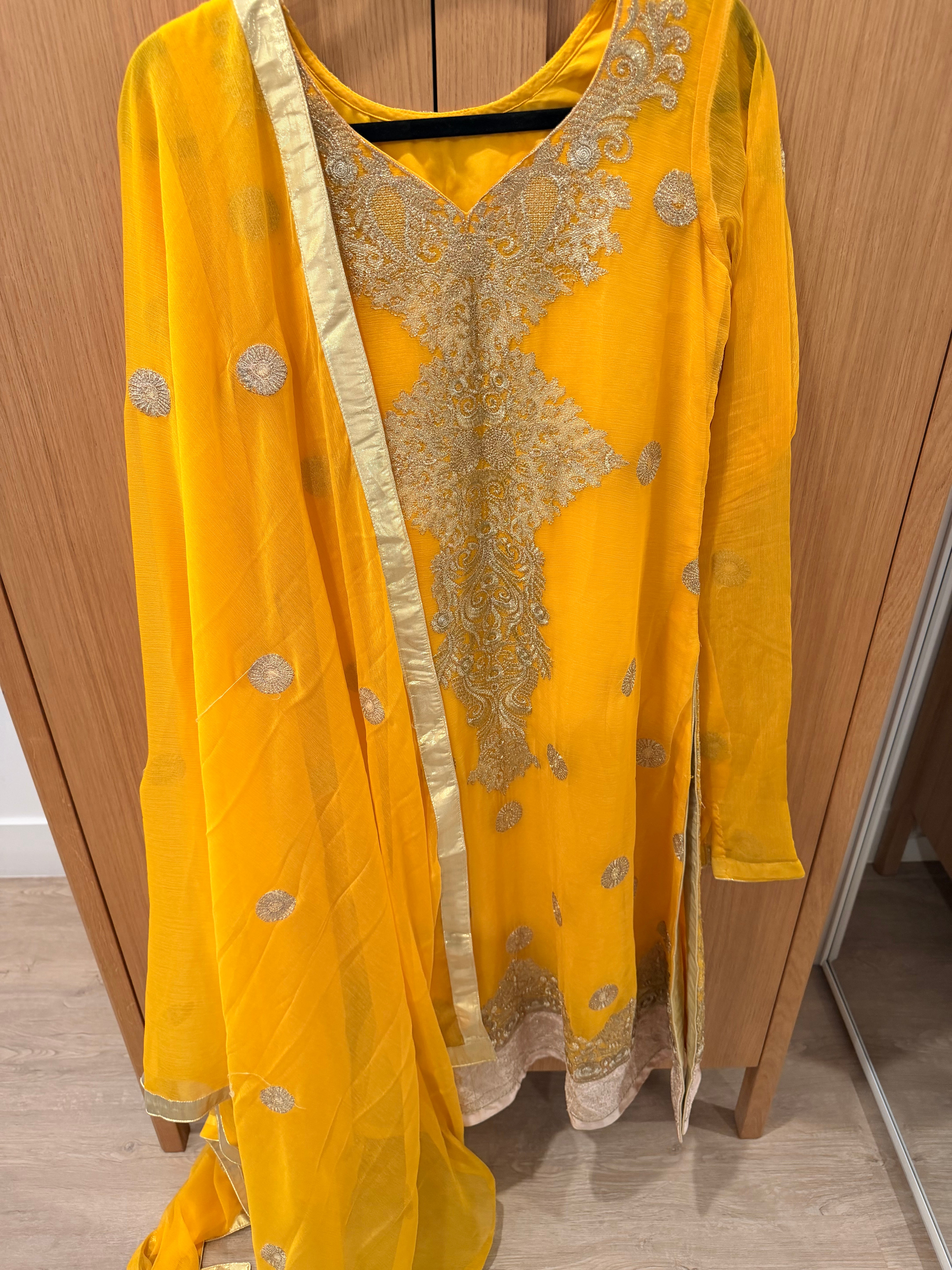 Marigold Yellow Embroidered Chiffon 3-Piece Suit with Churidar Sleeves & Dupatta
