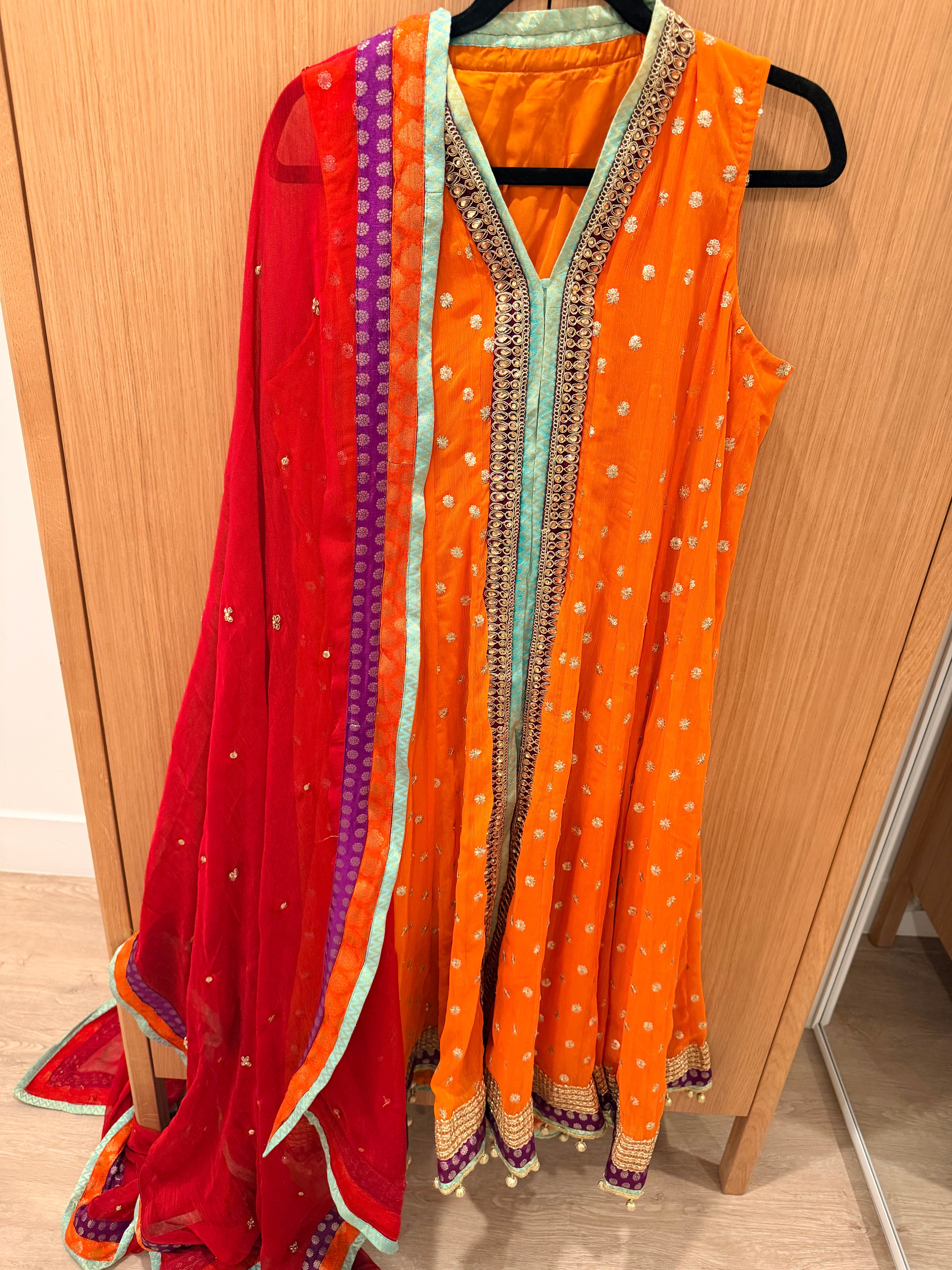 Saima Rahim Custom - Vibrant Orange Sharara Set with Banarasi Pants & Contrast Dupatta