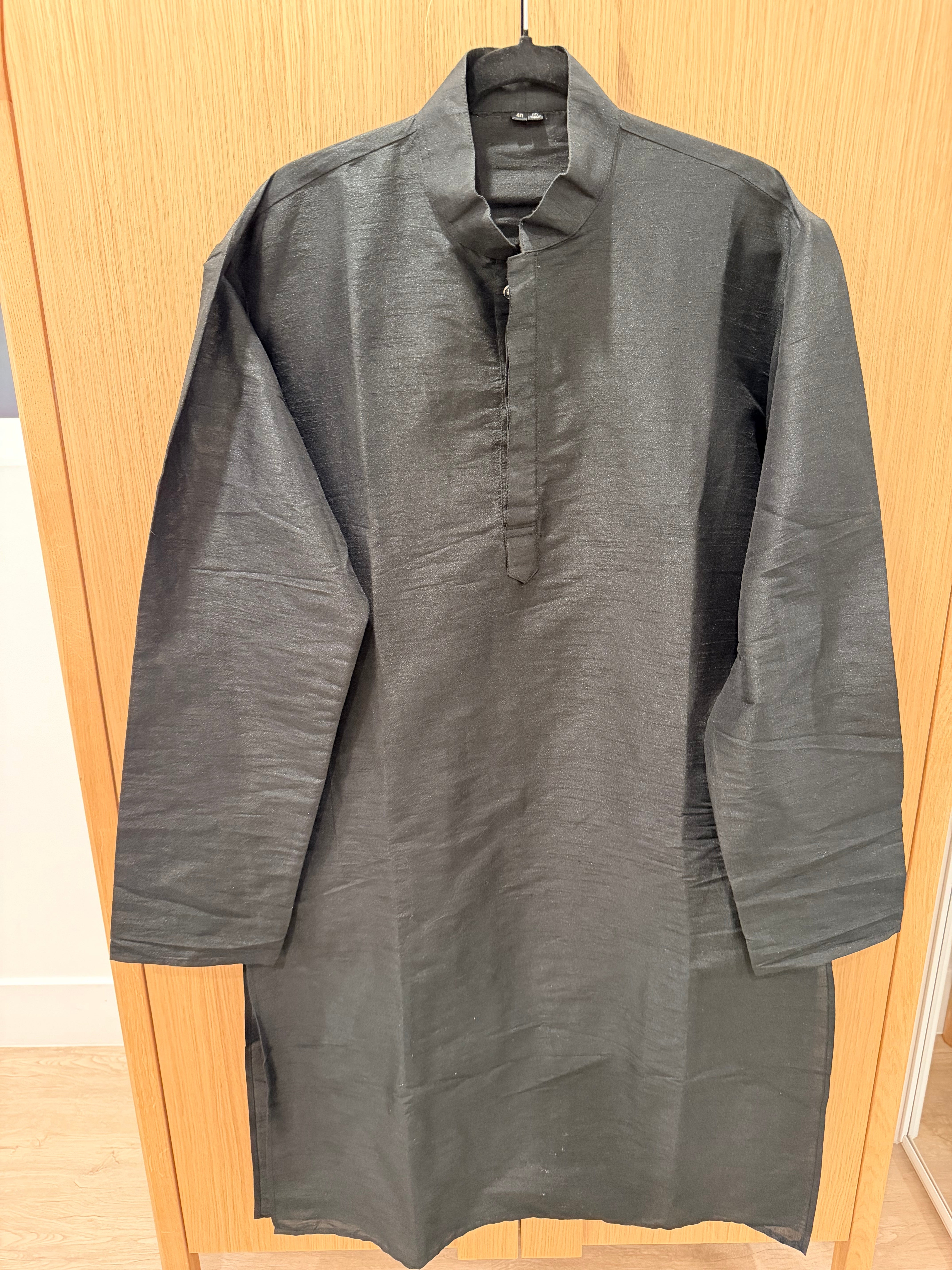 Black Raw Silk Men’s Kurta | Mandarin Collar | Size L