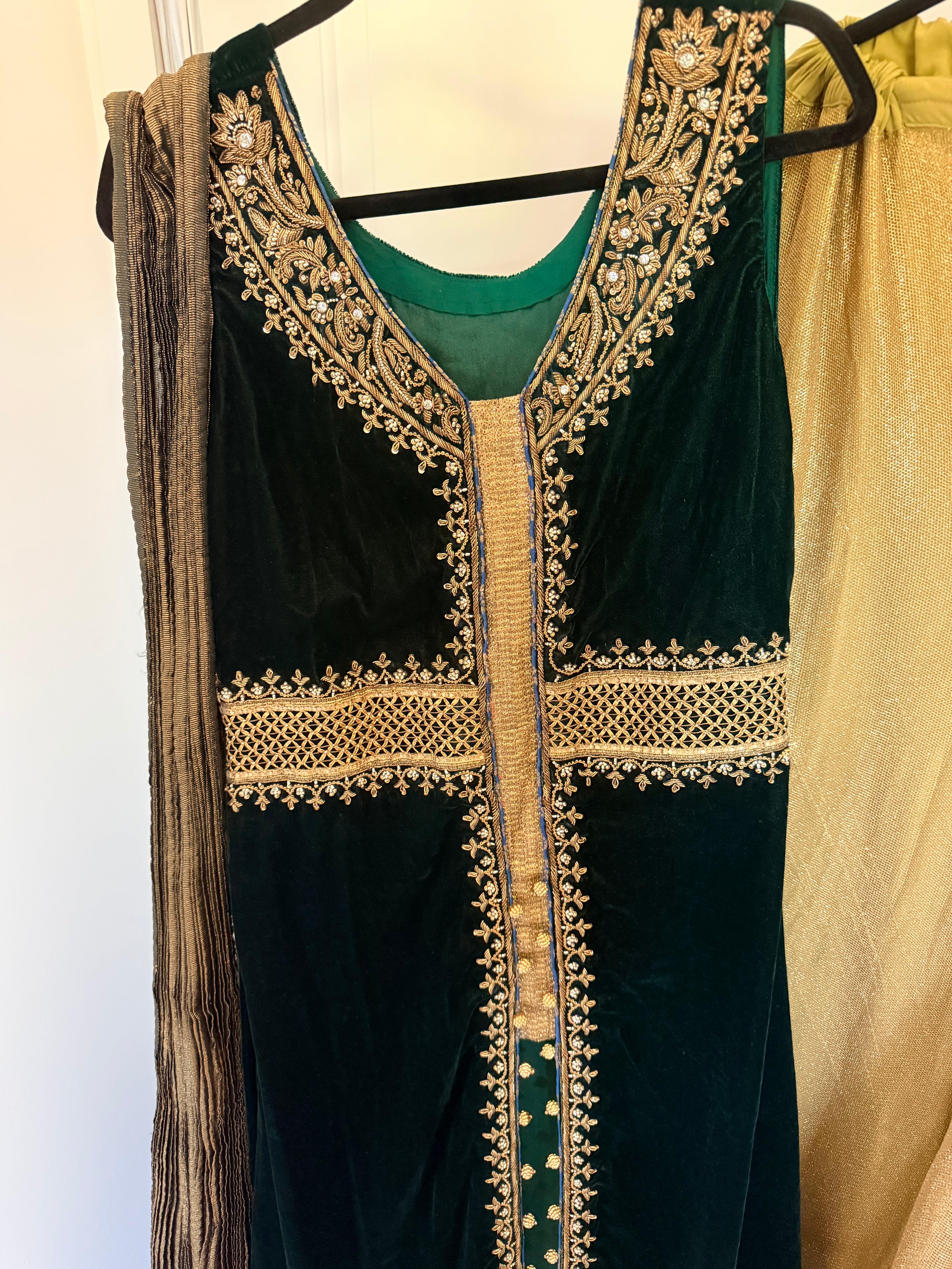 Emerald Green Velvet Zari-Embroidered 3-Piece Formal Set with Gold Palazzo Pants