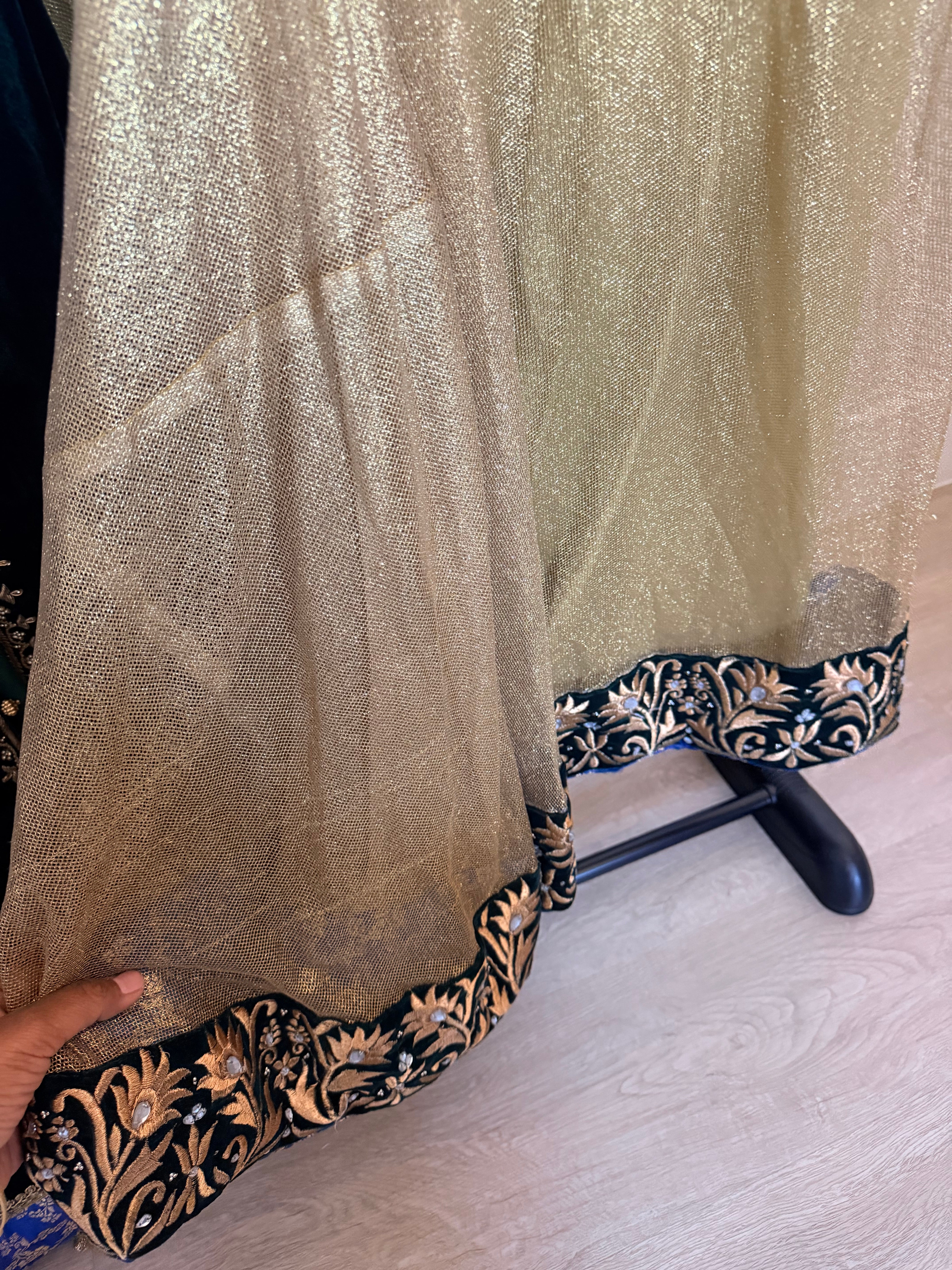 Emerald Green Velvet Zari-Embroidered 3-Piece Formal Set with Gold Palazzo Pants