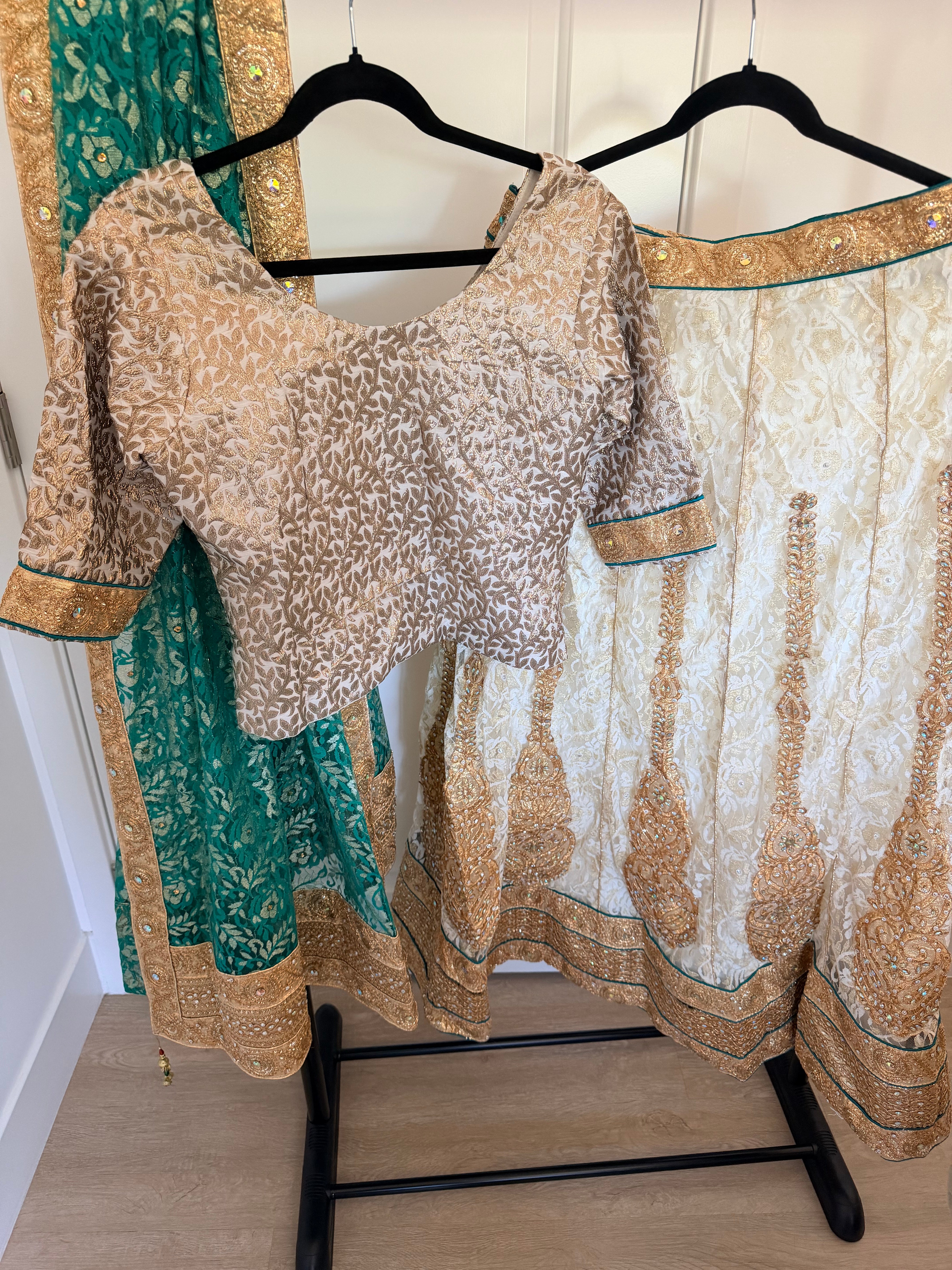 Ivory & Emerald Embellished Lehenga Set with Brocade Blouse and Dupatta