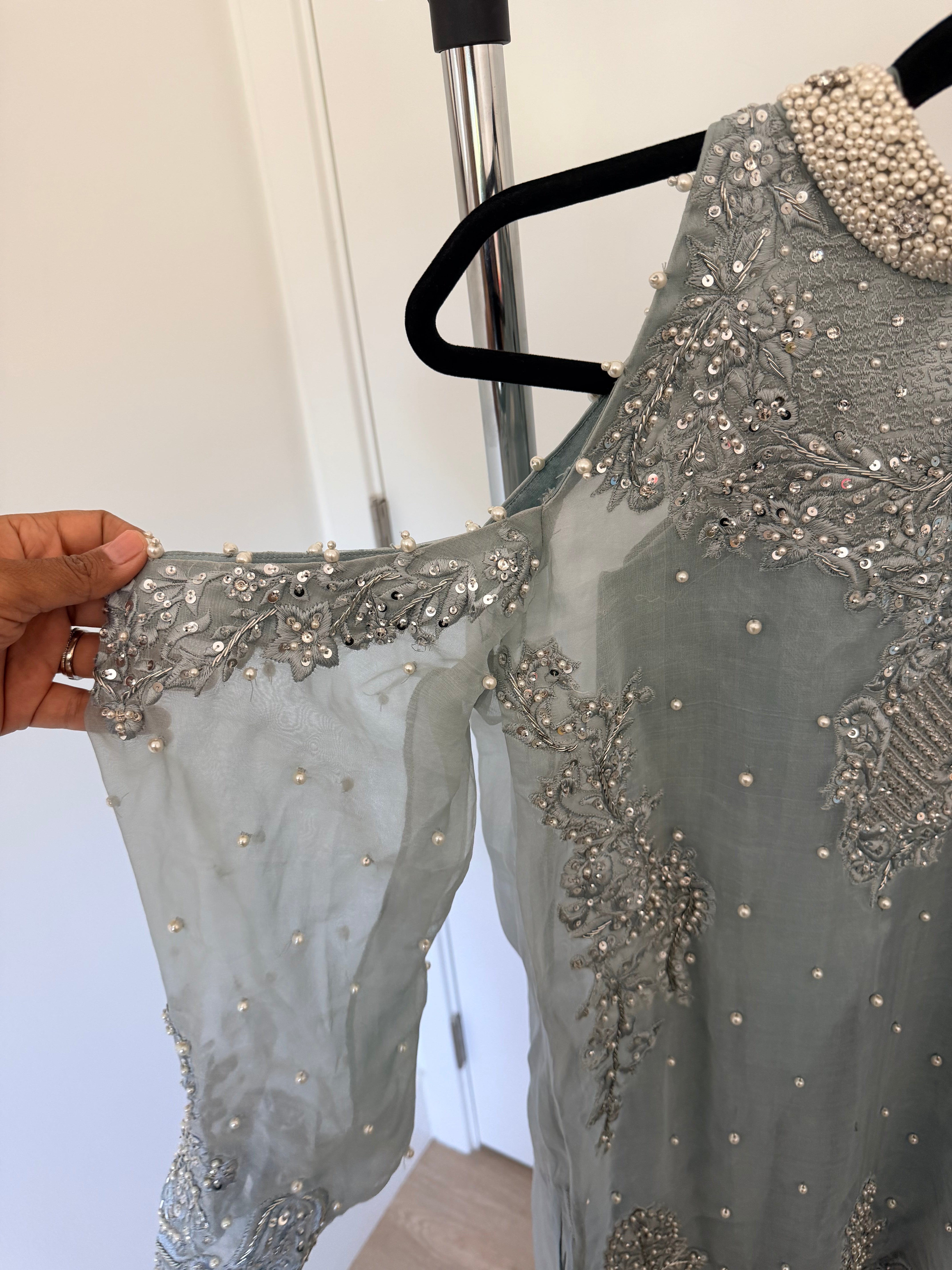 Dusty Blue Pearl-Embellished Organza Cold-Shoulder Kurta & Trouser Set