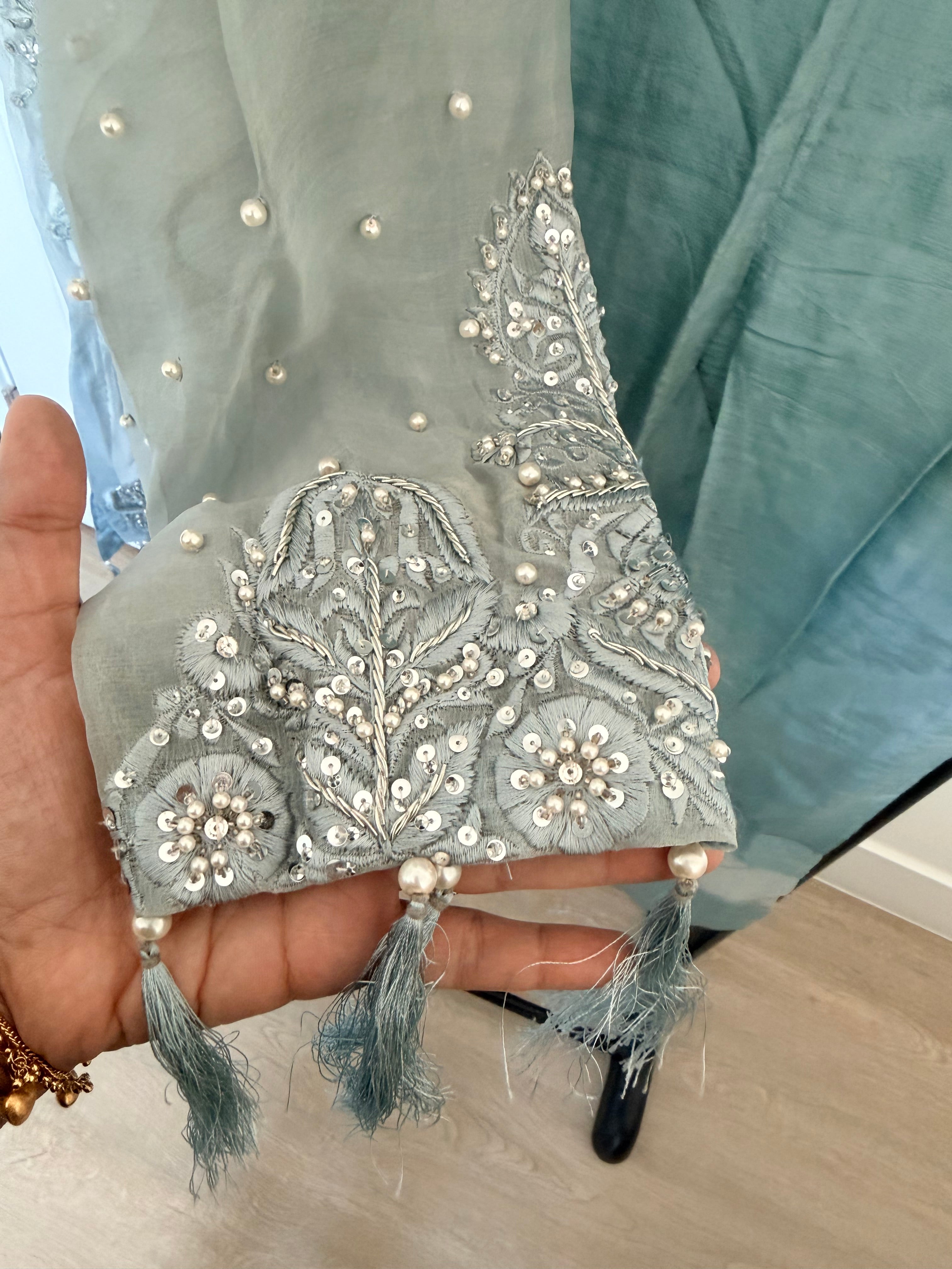 Dusty Blue Pearl-Embellished Organza Cold-Shoulder Kurta & Trouser Set