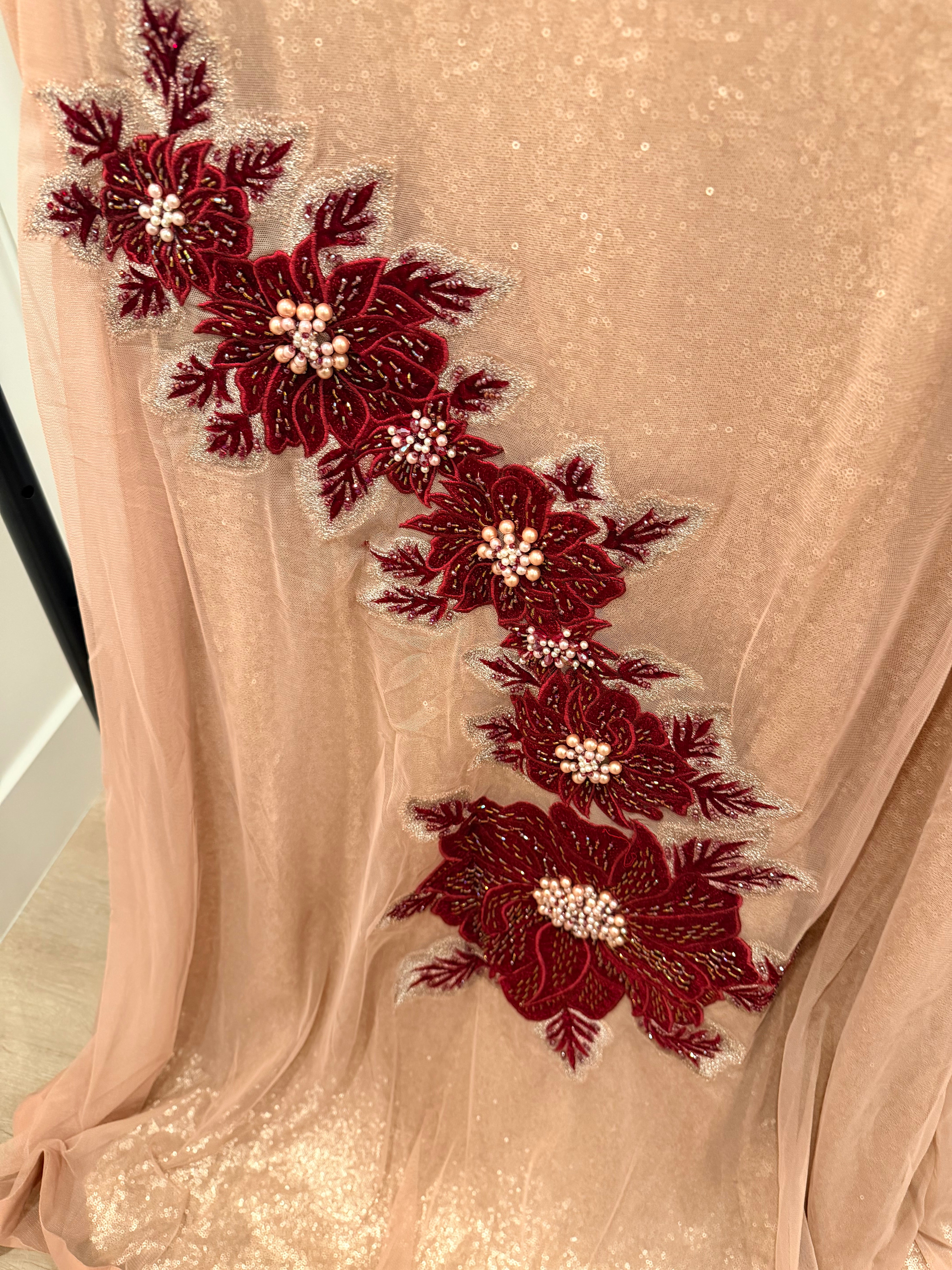 NEW Blush Pink Sequin Gown with Burgundy Floral Appliqué – 3-Piece Set