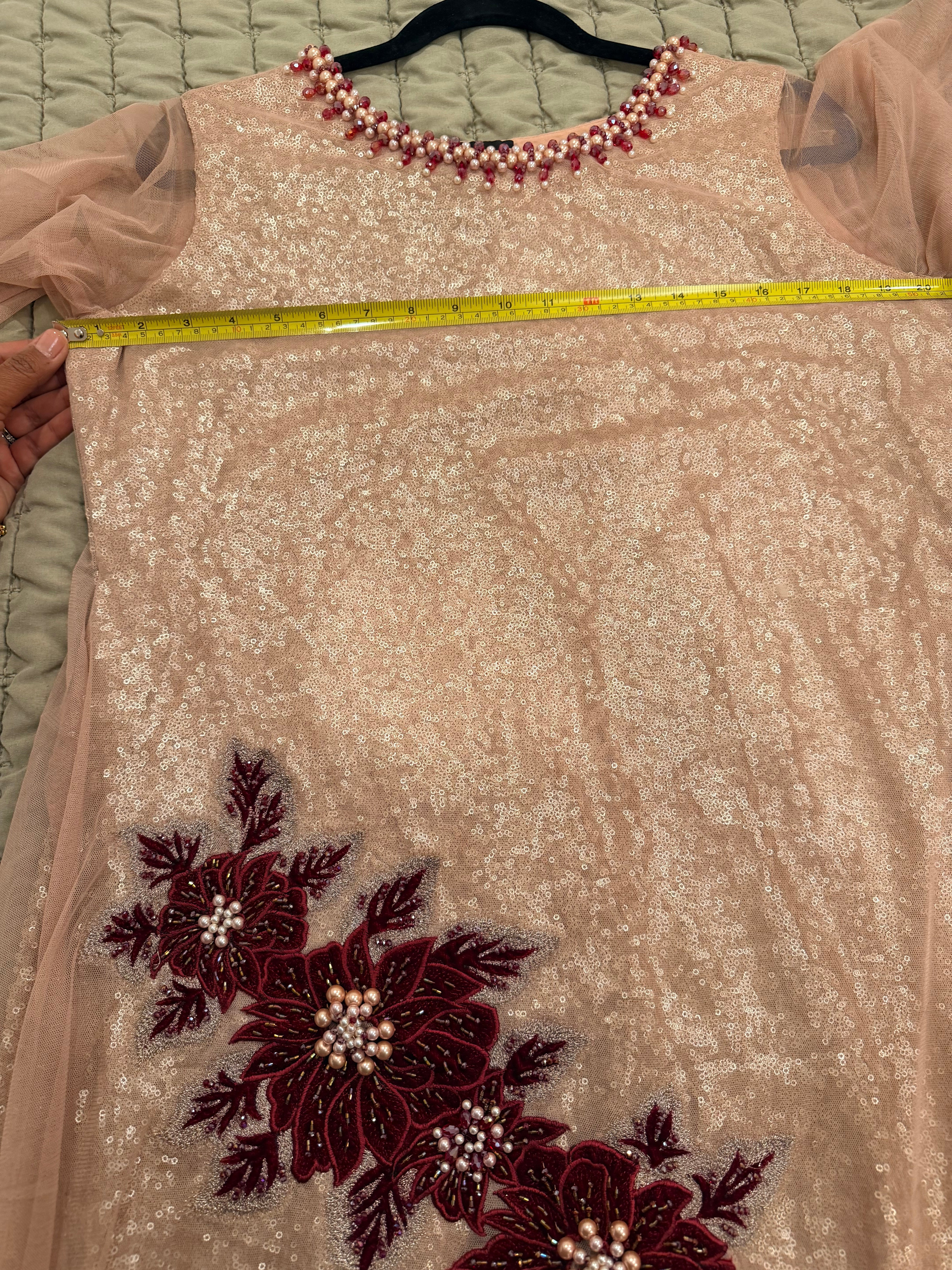 NEW Blush Pink Sequin Gown with Burgundy Floral Appliqué – 3-Piece Set