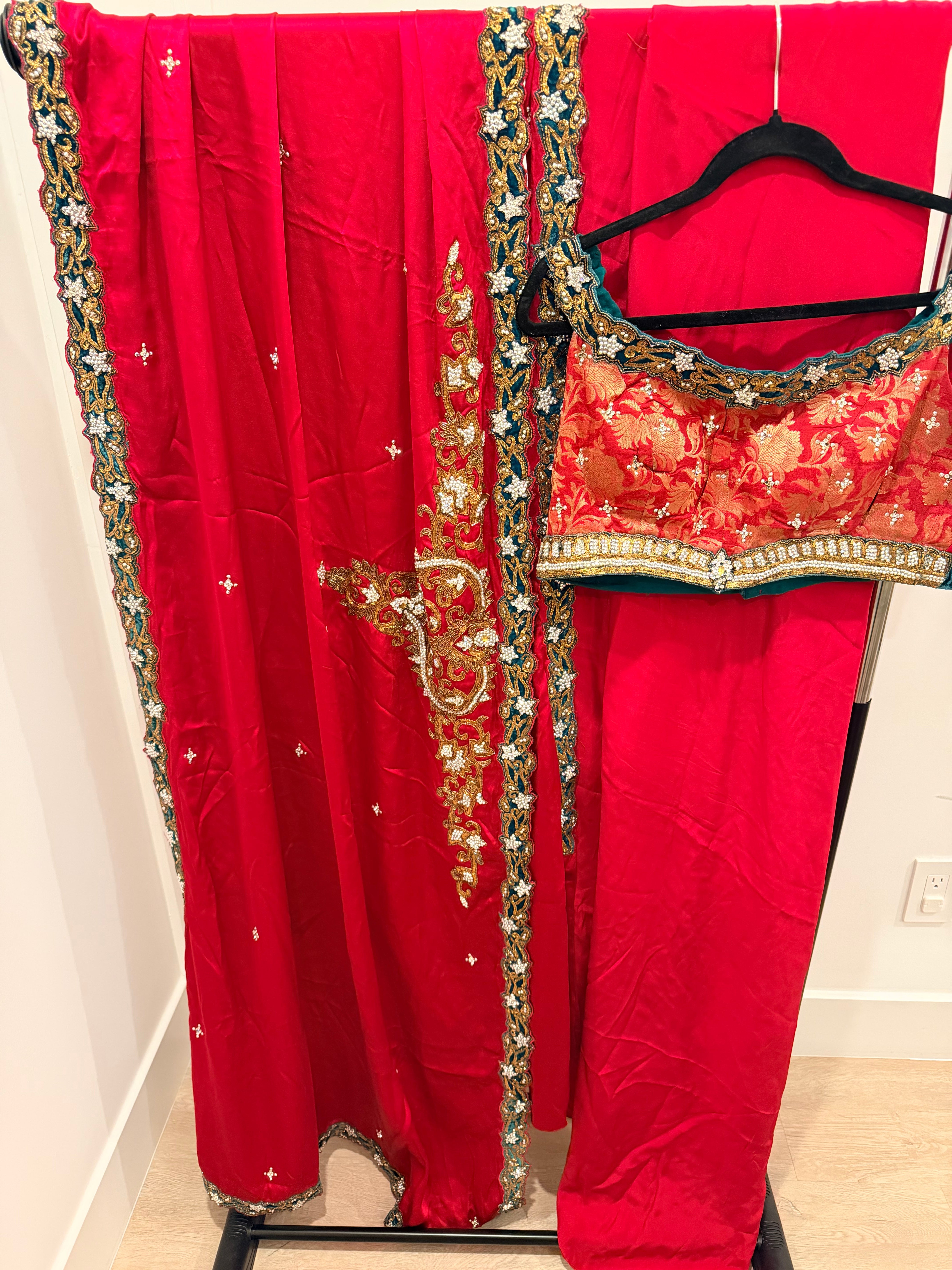 Ruby Red Silk Sari with Green Velvet Embellished Border and Brocade Blouse