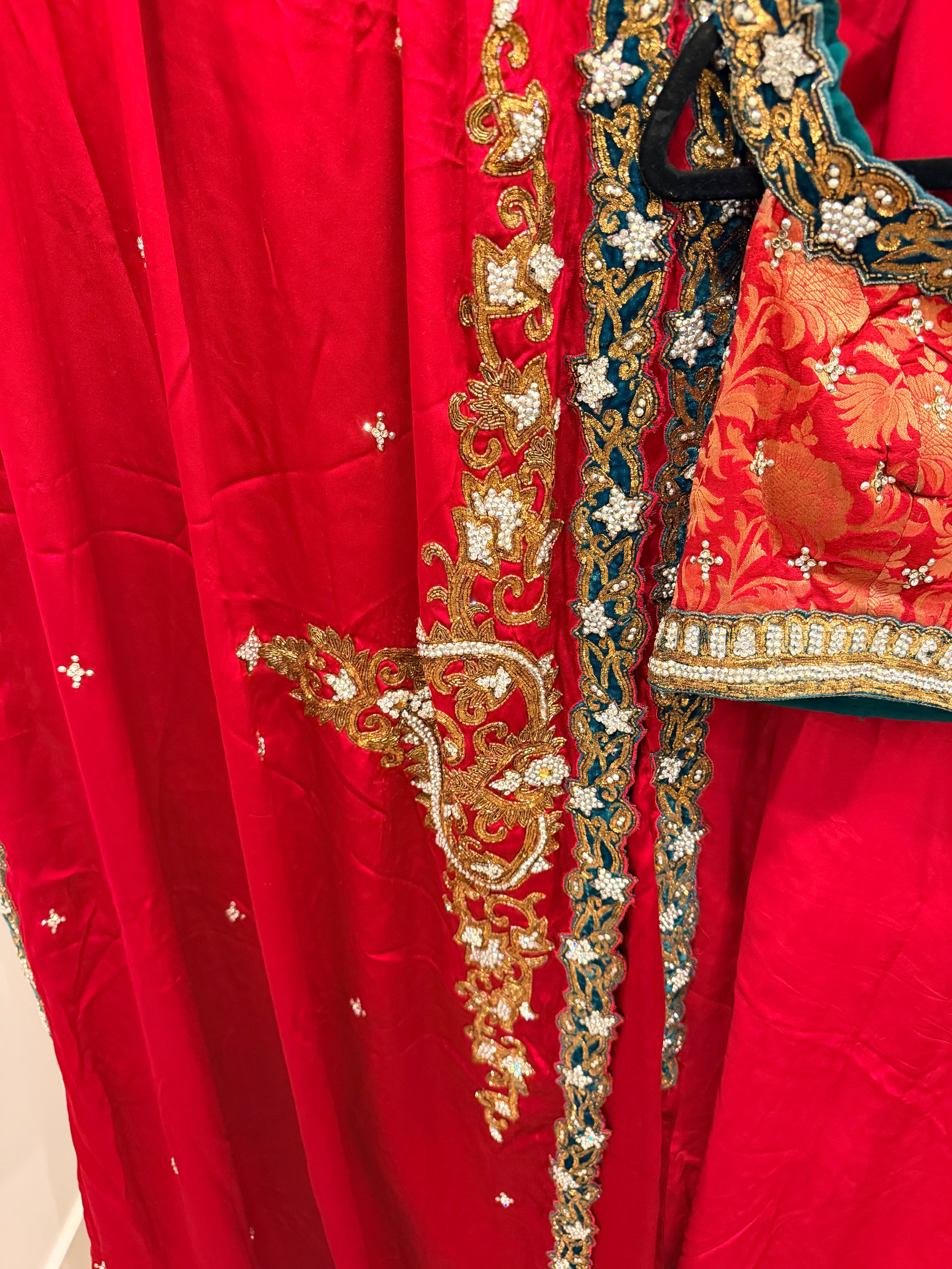 Ruby Red Silk Sari with Green Velvet Embellished Border and Brocade Blouse