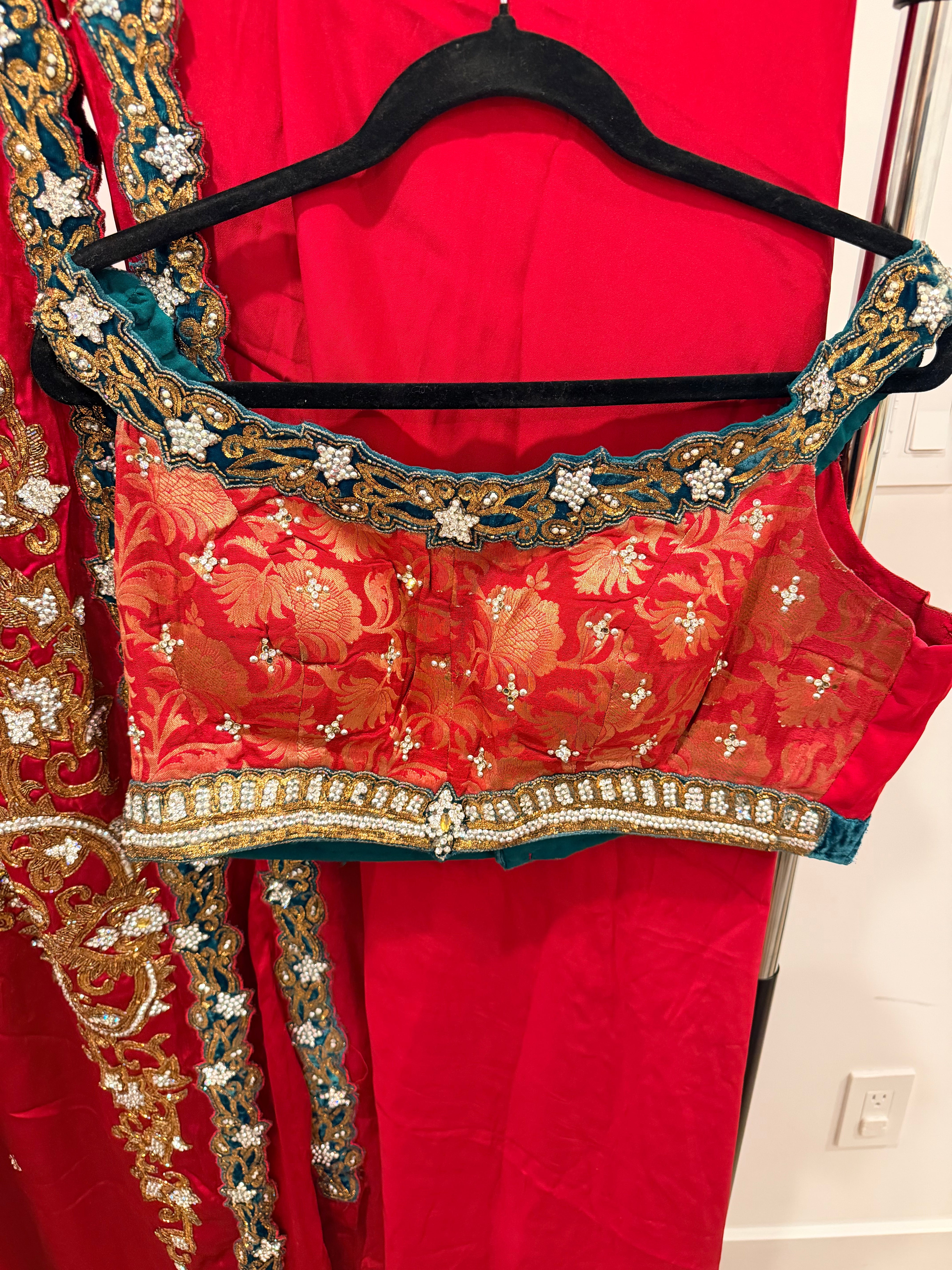 Ruby Red Silk Sari with Green Velvet Embellished Border and Brocade Blouse