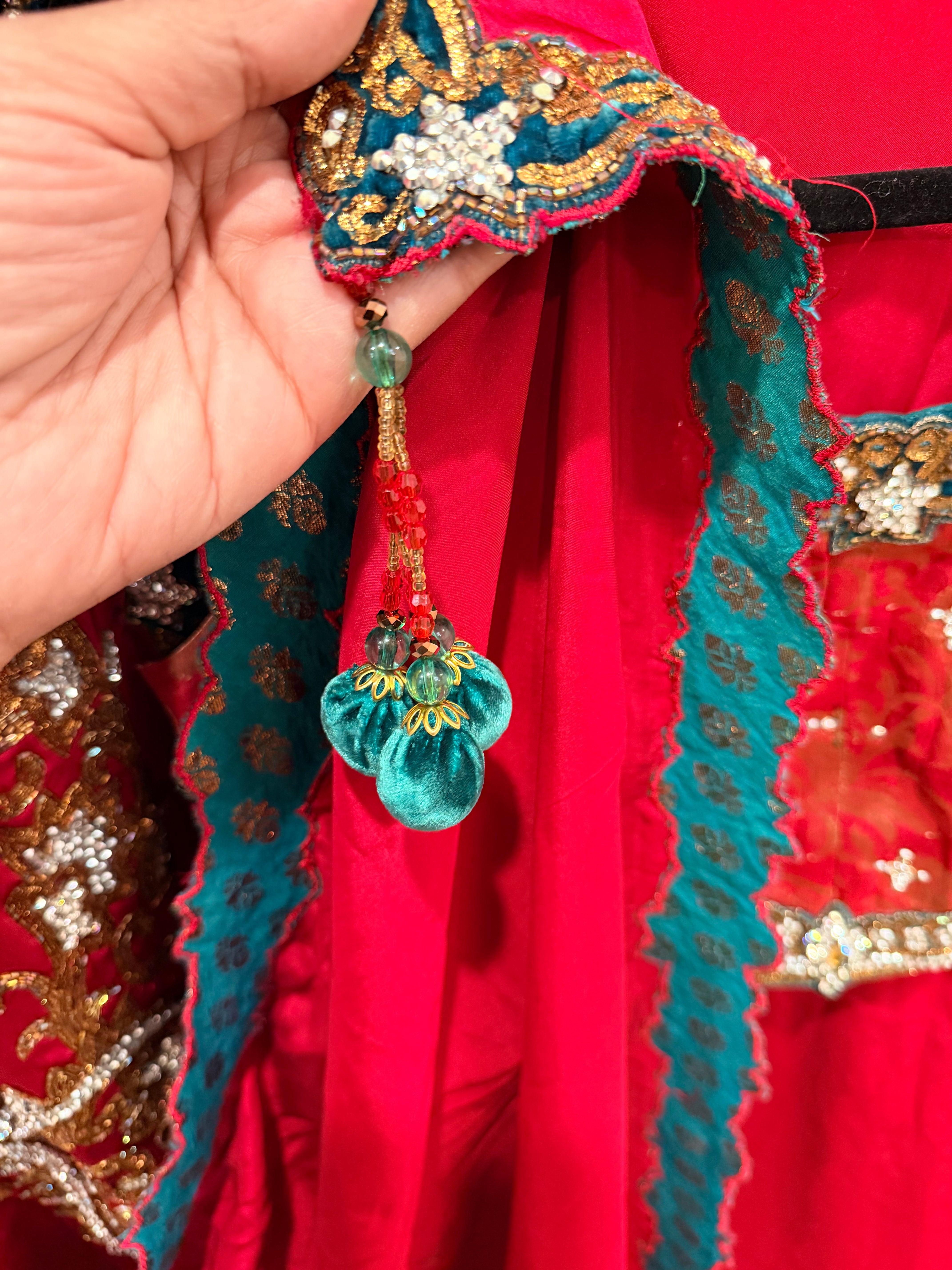 Ruby Red Silk Sari with Green Velvet Embellished Border and Brocade Blouse