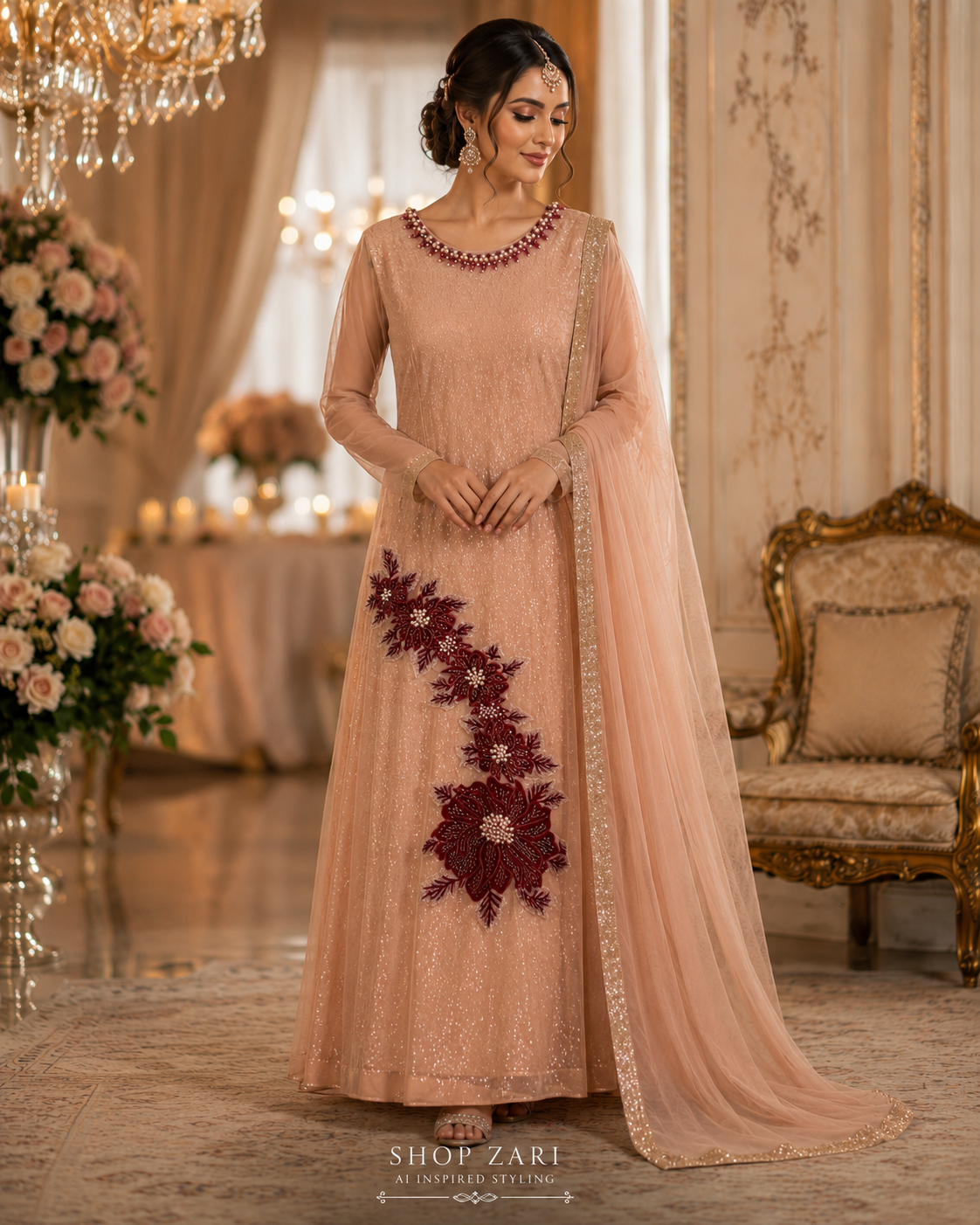 NEW Blush Pink Sequin Gown with Burgundy Floral Appliqué – 3-Piece Set